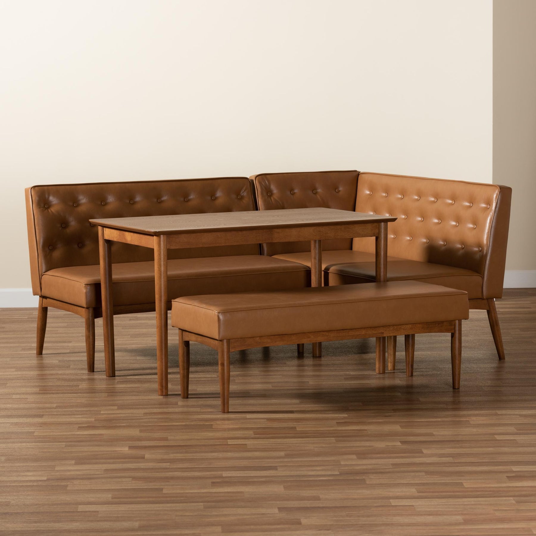 Baxton Studio Riordan Mid-Century Modern Tan Faux Leather Upholstered And Walnut Brown Finished Wood 4-Piece Dining Nook Set - BBT8051.13-Tan/Walnut-4PC Dining Nook Set