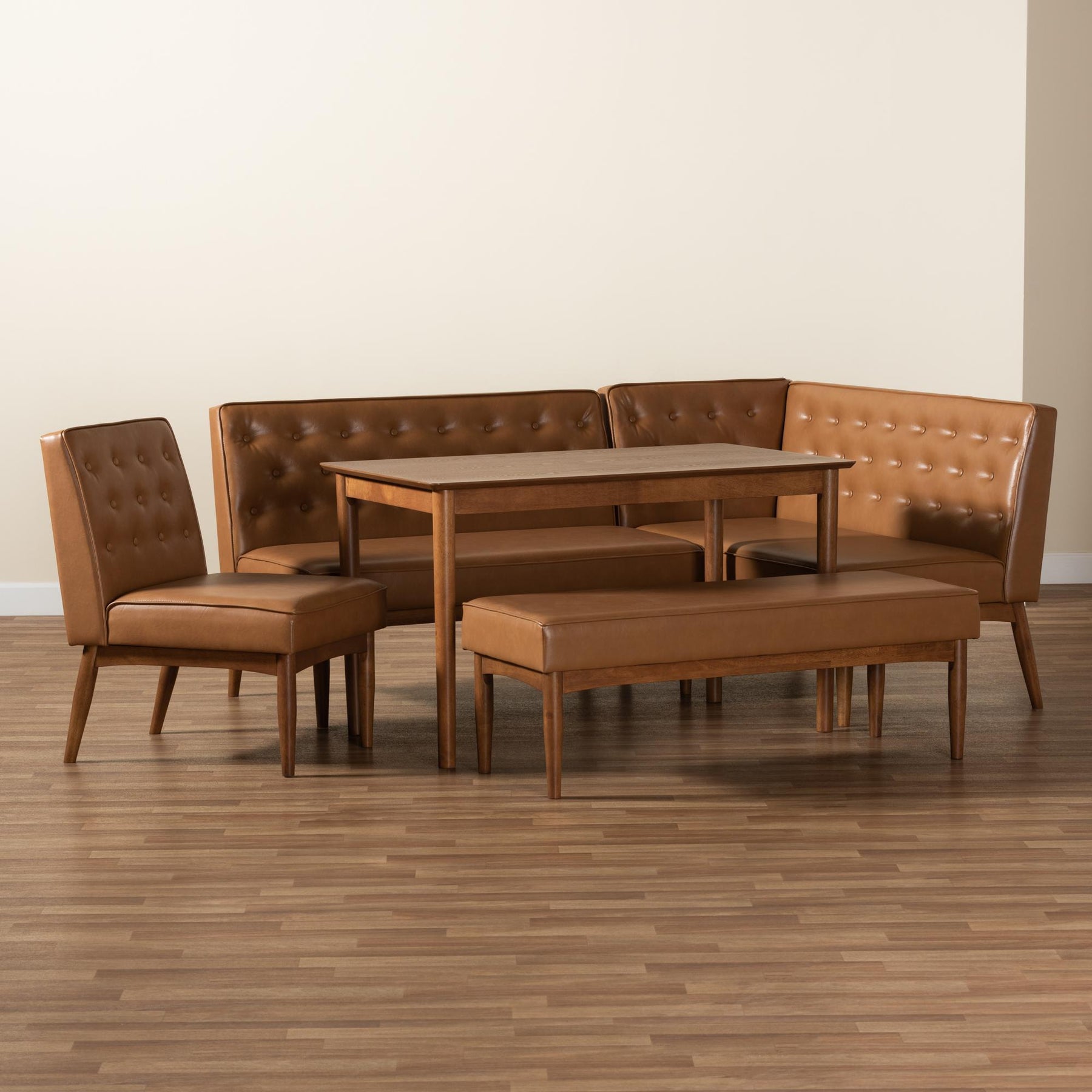 Baxton Studio Riordan Mid-Century Modern Tan Faux Leather Upholstered And Walnut Brown Finished Wood 5-Piece Dining Nook Set - BBT8051.13-Tan/Walnut-5PC Dining Nook Set
