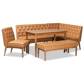 Baxton Studio Riordan Mid-Century Modern Tan Faux Leather Upholstered And Walnut Brown Finished Wood 5-Piece Dining Nook Set - BBT8051.13-Tan/Walnut-5PC Dining Nook Set