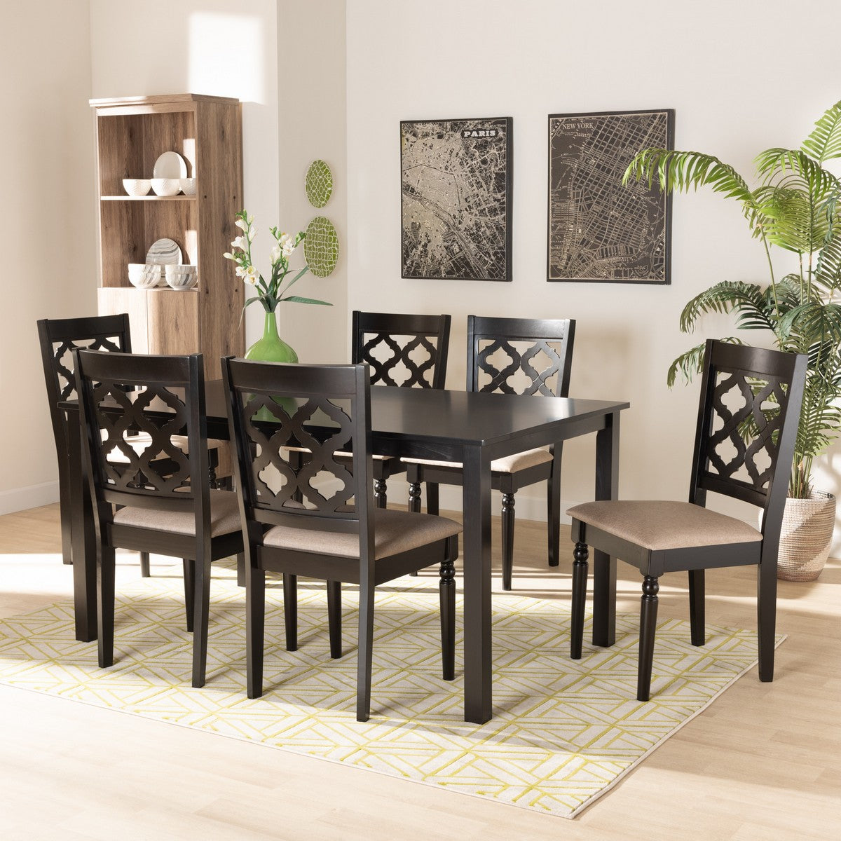 Baxton Studio Ramiro Modern and Contemporary Sand Fabric Upholstered and Dark Brown Finished Wood 7-Piece Dining Set