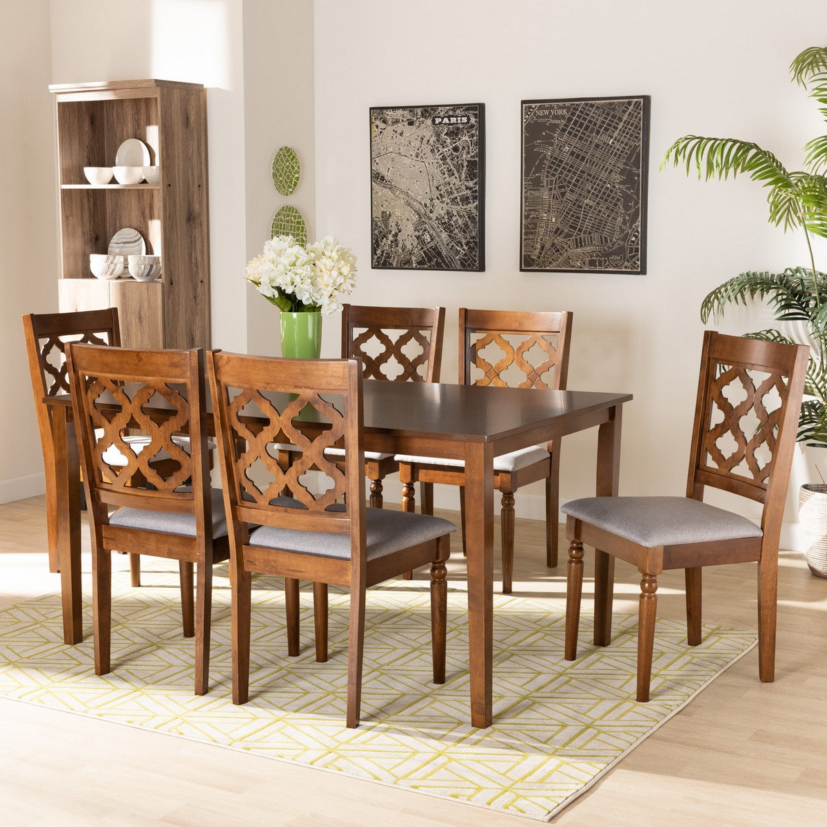 Baxton Studio Ramiro Modern and Contemporary Grey Fabric Upholstered and Walnut Brown Finished Wood 7-Piece Dining Set