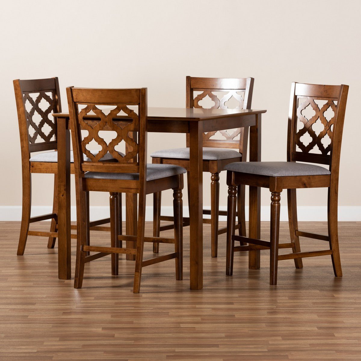 Baxton Studio Ramiro Modern and Contemporary Transitional Grey Fabric Upholstered and Walnut Brown Finished Wood 5-Piece Pub Set