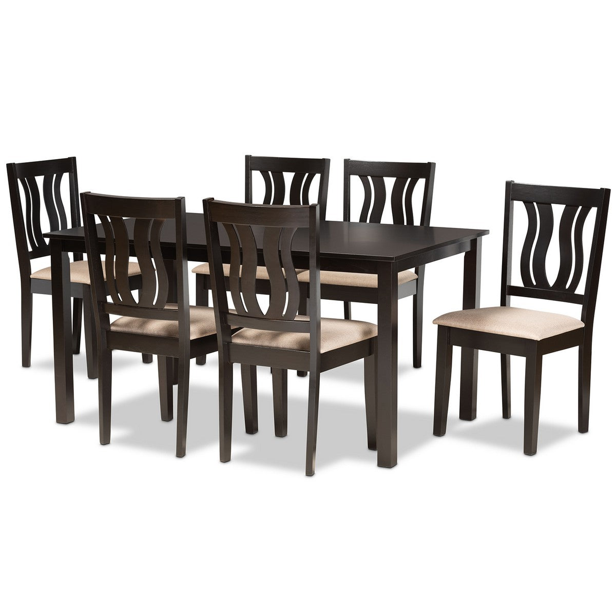 Baxton Studio Fenton Modern and Contemporary Sand Fabric Upholstered and Dark Brown Finished Wood 7-Piece Dining Set Baxton Studio-Dining Sets-Minimal And Modern - 1