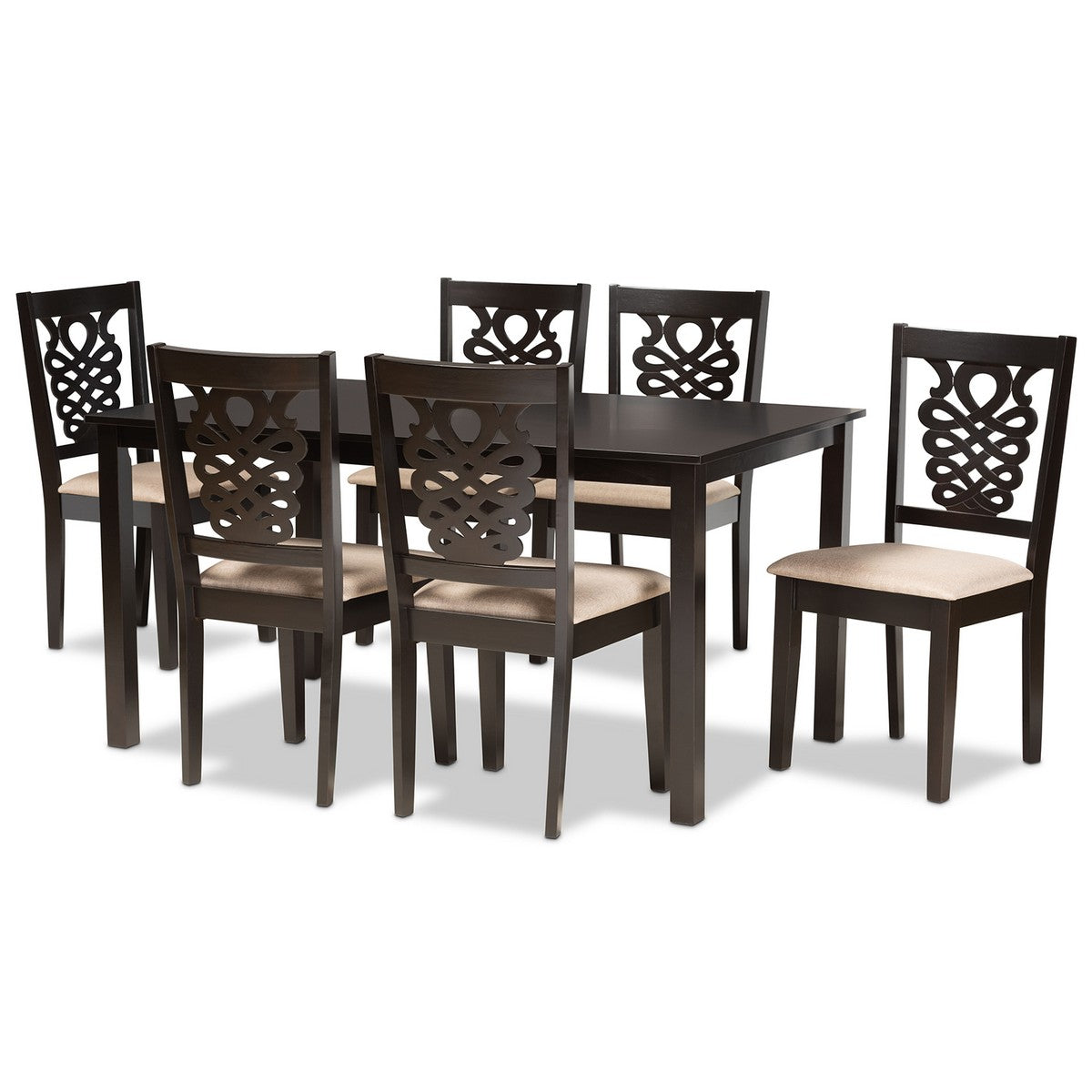 Baxton Studio Gervais Modern and Contemporary Sand Fabric Upholstered and Dark Brown Finished Wood 7-Piece Dining Set Baxton Studio-Dining Sets-Minimal And Modern - 1