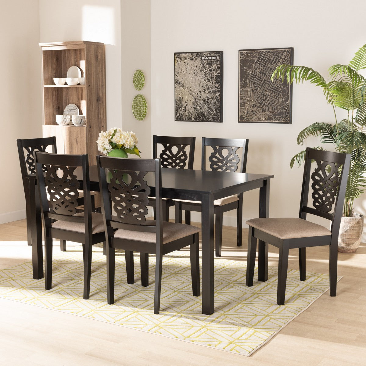 Baxton Studio Gervais Modern and Contemporary Sand Fabric Upholstered and Dark Brown Finished Wood 7-Piece Dining Set