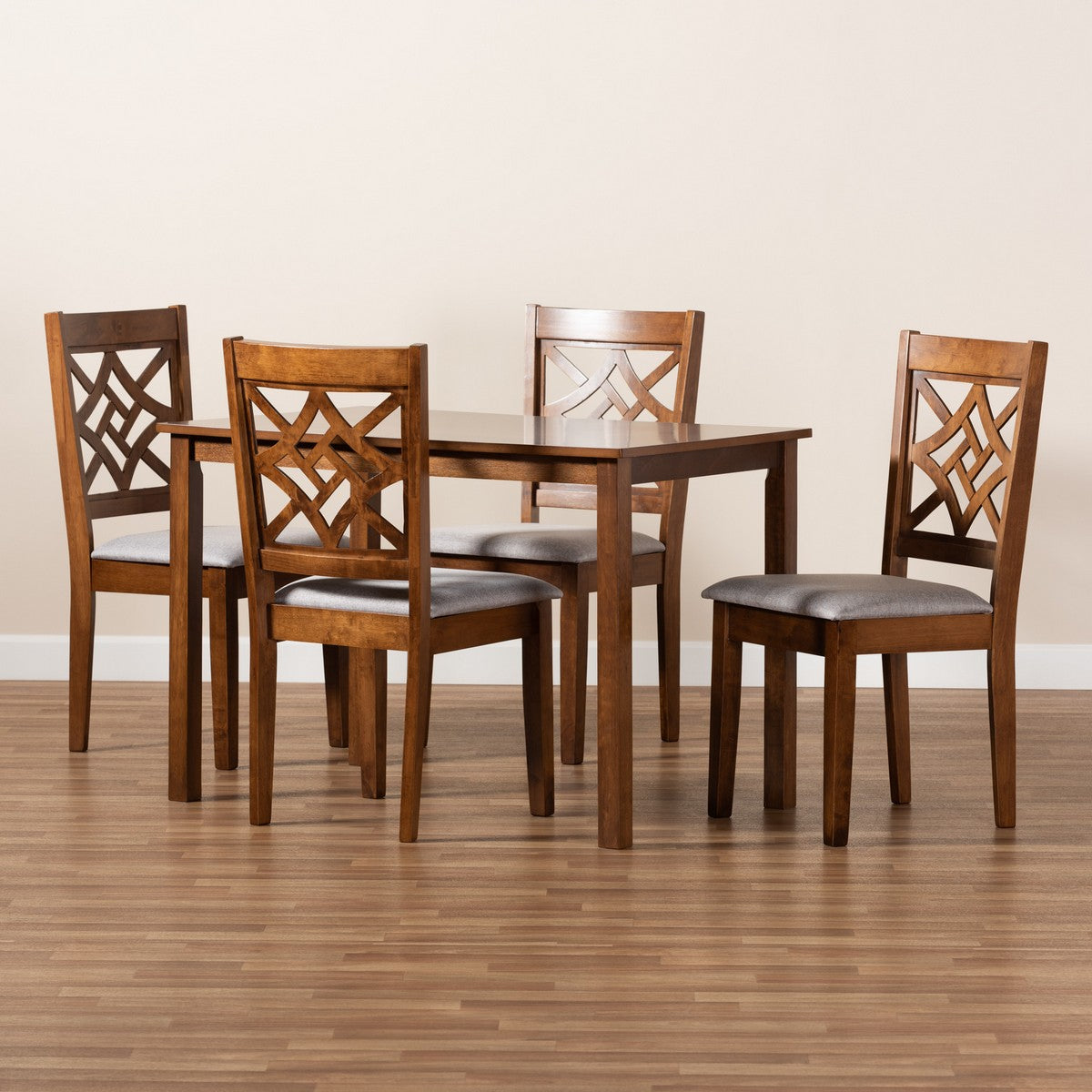 Baxton Studio Nicolette Modern and Contemporary Grey Fabric Upholstered and Walnut Brown Finished Wood 5-Piece Dining Set