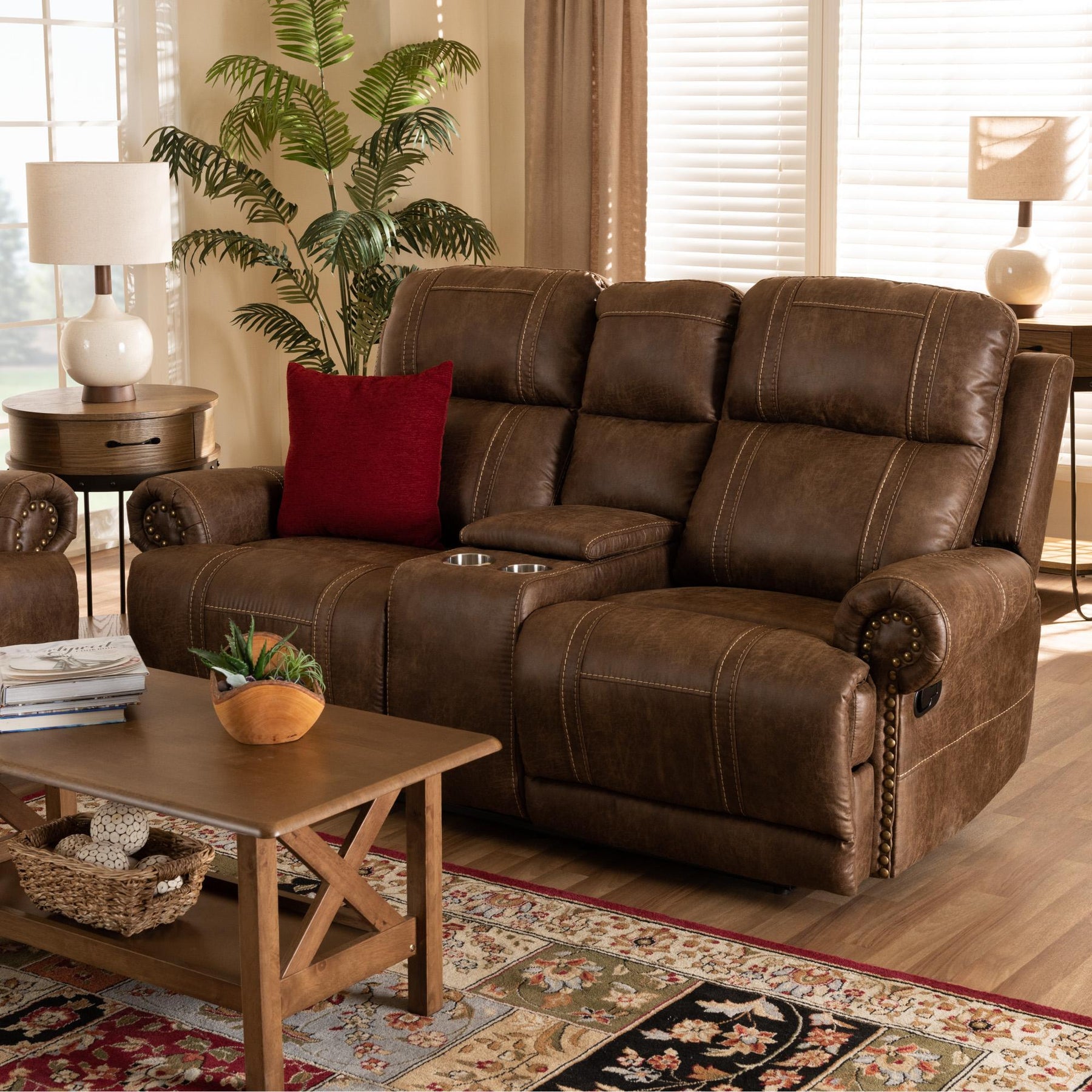 Baxton Studio Buckley Modern And Contemporary Light Brown Faux Leather Upholstered 2-Seater Reclining Loveseat With Console - 7075I52D-Light Brown-Loveseat