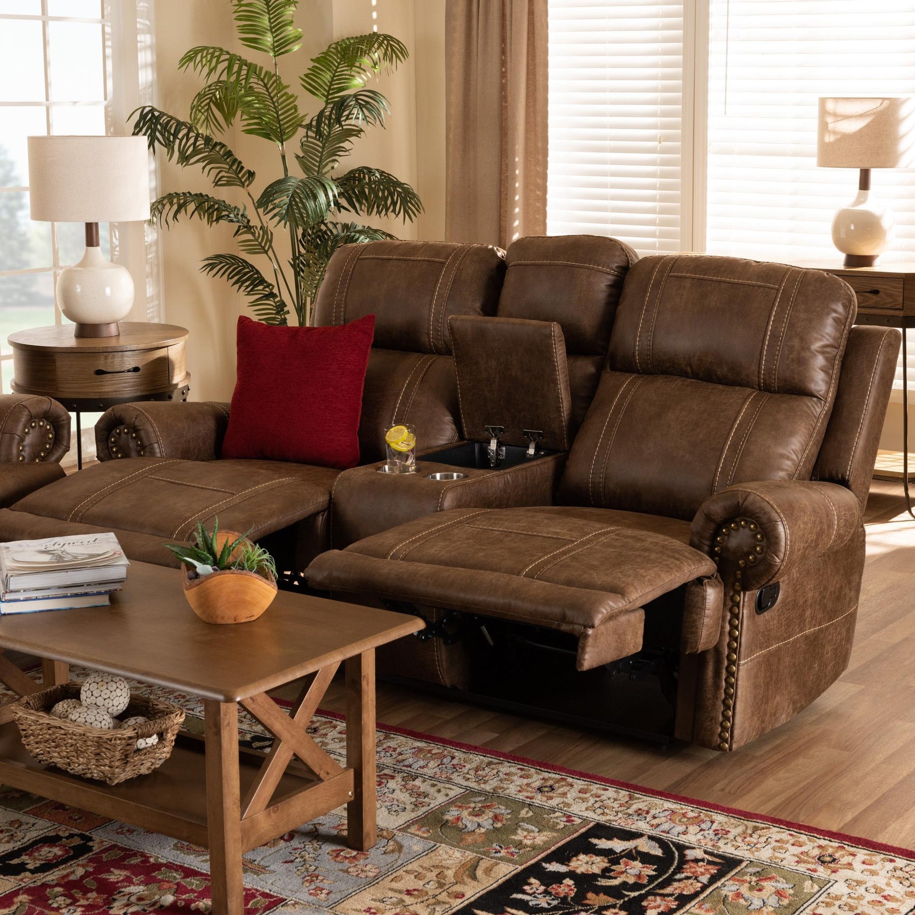 Baxton Studio Buckley Modern And Contemporary Light Brown Faux Leather Upholstered 2-Seater Reclining Loveseat With Console - 7075I52D-Light Brown-Loveseat