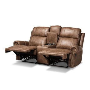 Baxton Studio Buckley Modern And Contemporary Light Brown Faux Leather Upholstered 2-Seater Reclining Loveseat With Console - 7075I52D-Light Brown-Loveseat