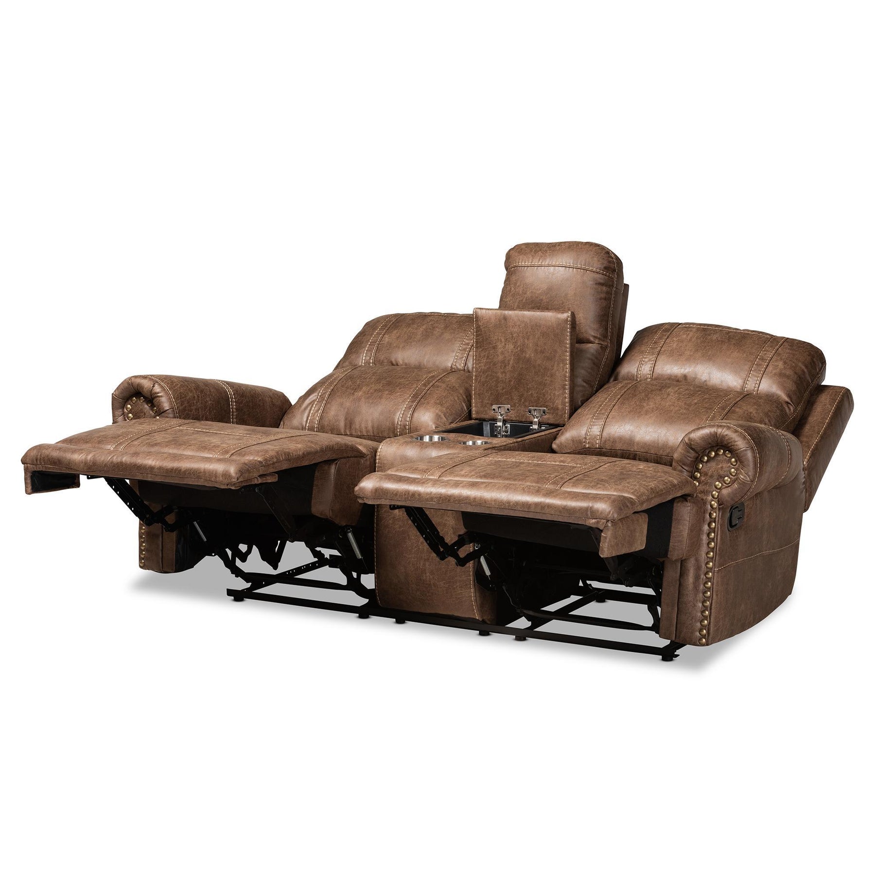 Baxton Studio Buckley Modern And Contemporary Light Brown Faux Leather Upholstered 2-Seater Reclining Loveseat With Console - 7075I52D-Light Brown-Loveseat