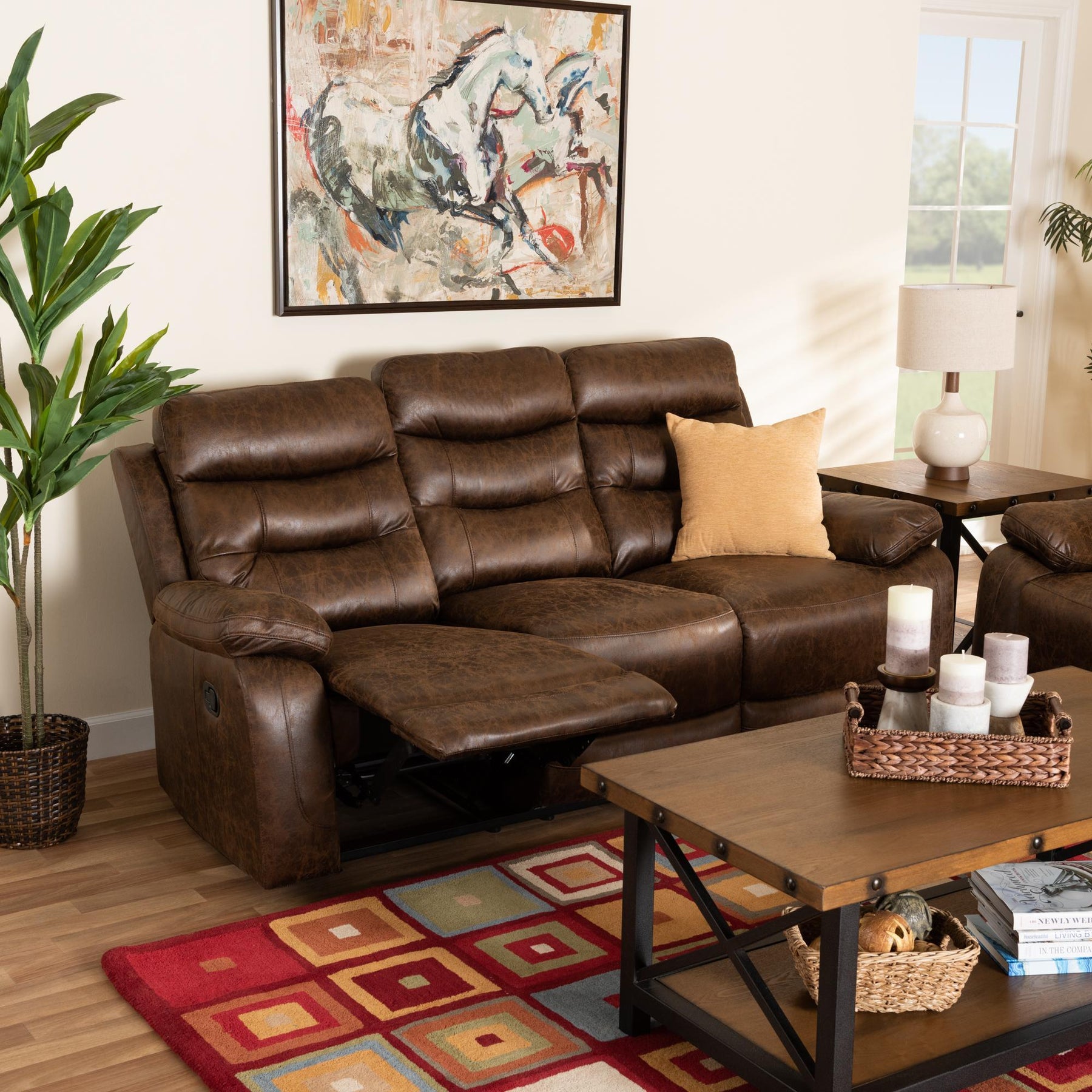 Baxton Studio Beasely Modern And Contemporary Distressed Brown Faux Leather Upholstered 3-Seater Reclining Sofa - RR5227-Dark Brown-Sofa