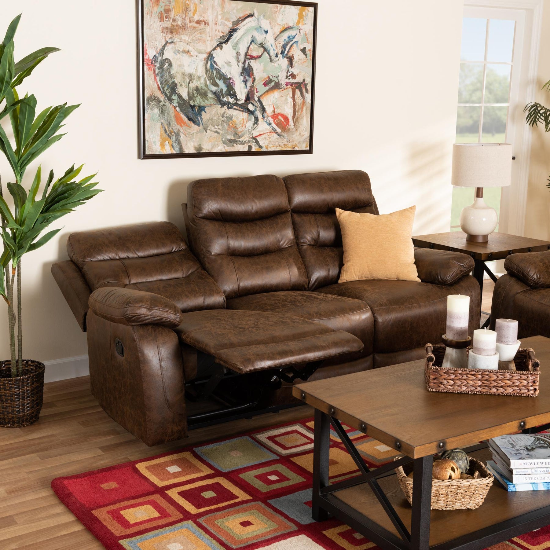 Baxton Studio Beasely Modern And Contemporary Distressed Brown Faux Leather Upholstered 3-Seater Reclining Sofa - RR5227-Dark Brown-Sofa