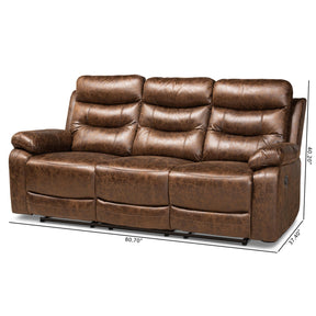 Baxton Studio Beasely Modern And Contemporary Distressed Brown Faux Leather Upholstered 3-Seater Reclining Sofa - RR5227-Dark Brown-Sofa