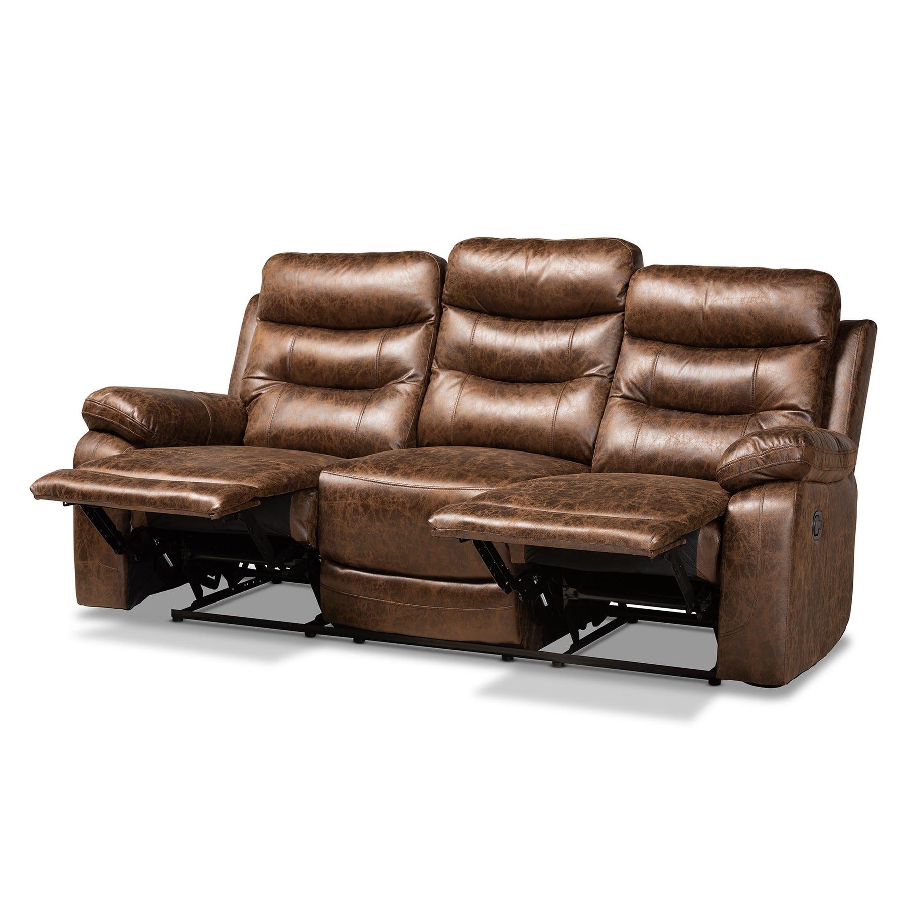 Baxton Studio Beasely Modern And Contemporary Distressed Brown Faux Leather Upholstered 3-Seater Reclining Sofa - RR5227-Dark Brown-Sofa