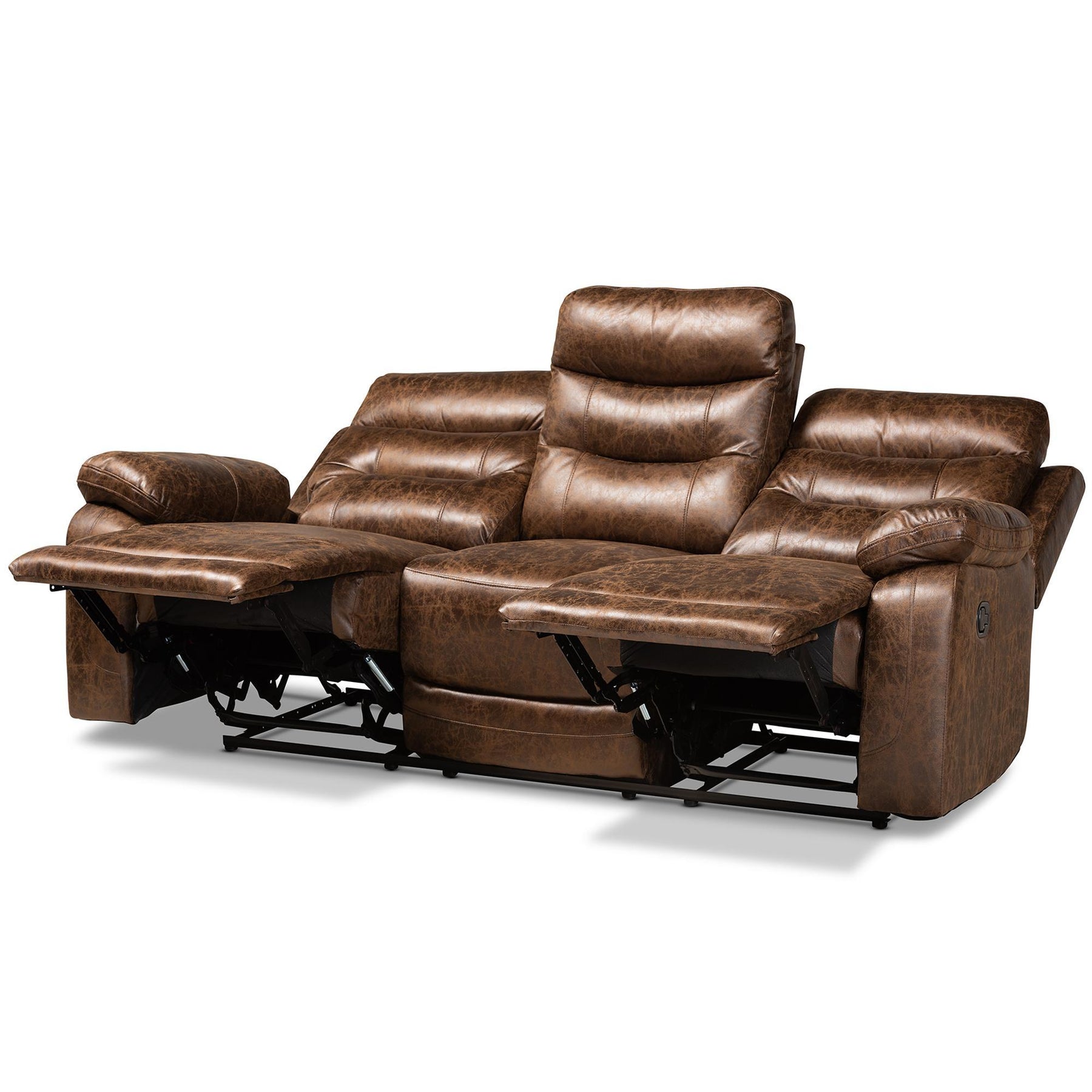 Baxton Studio Beasely Modern And Contemporary Distressed Brown Faux Leather Upholstered 3-Seater Reclining Sofa - RR5227-Dark Brown-Sofa