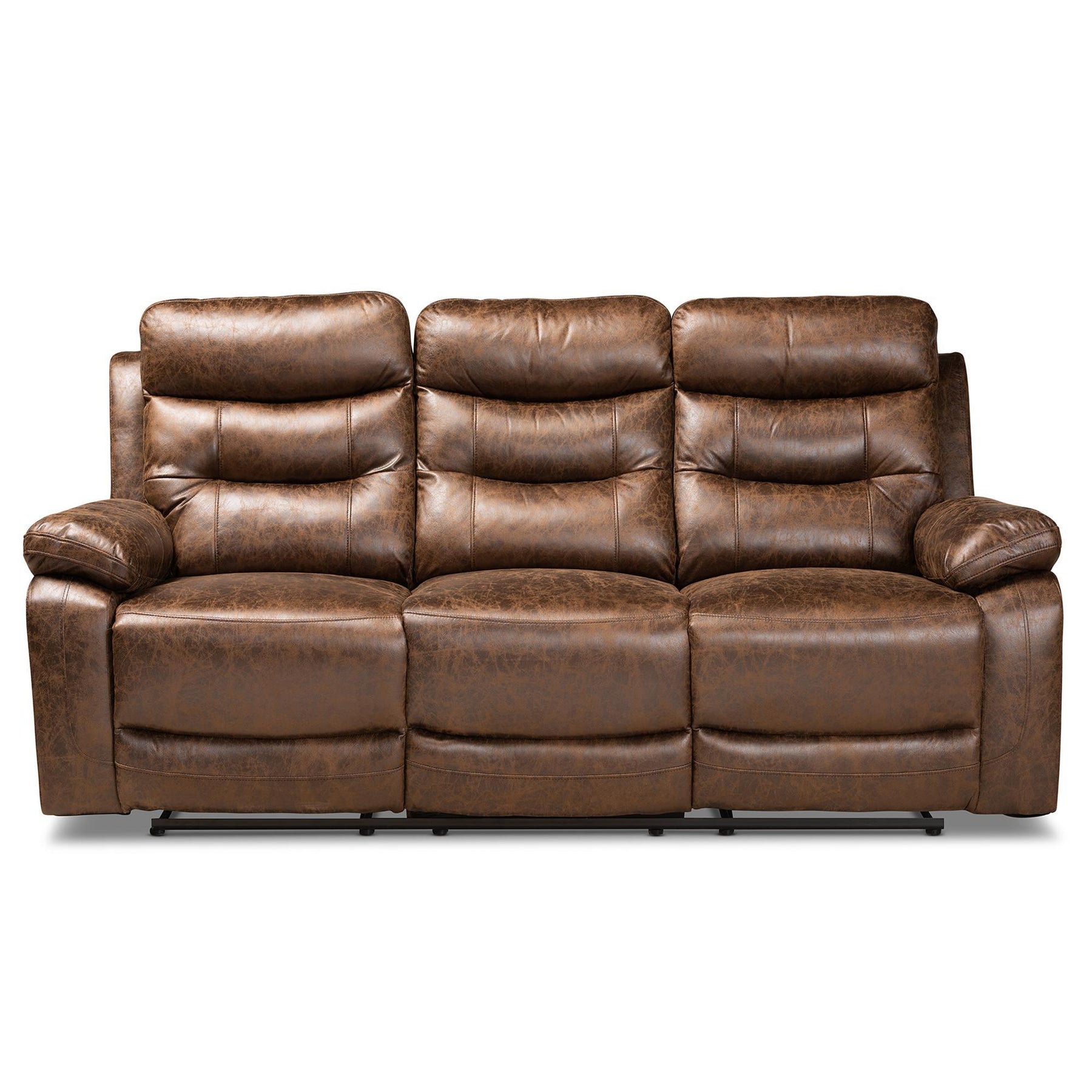 Baxton Studio Beasely Modern And Contemporary Distressed Brown Faux Leather Upholstered 3-Seater Reclining Sofa - RR5227-Dark Brown-Sofa