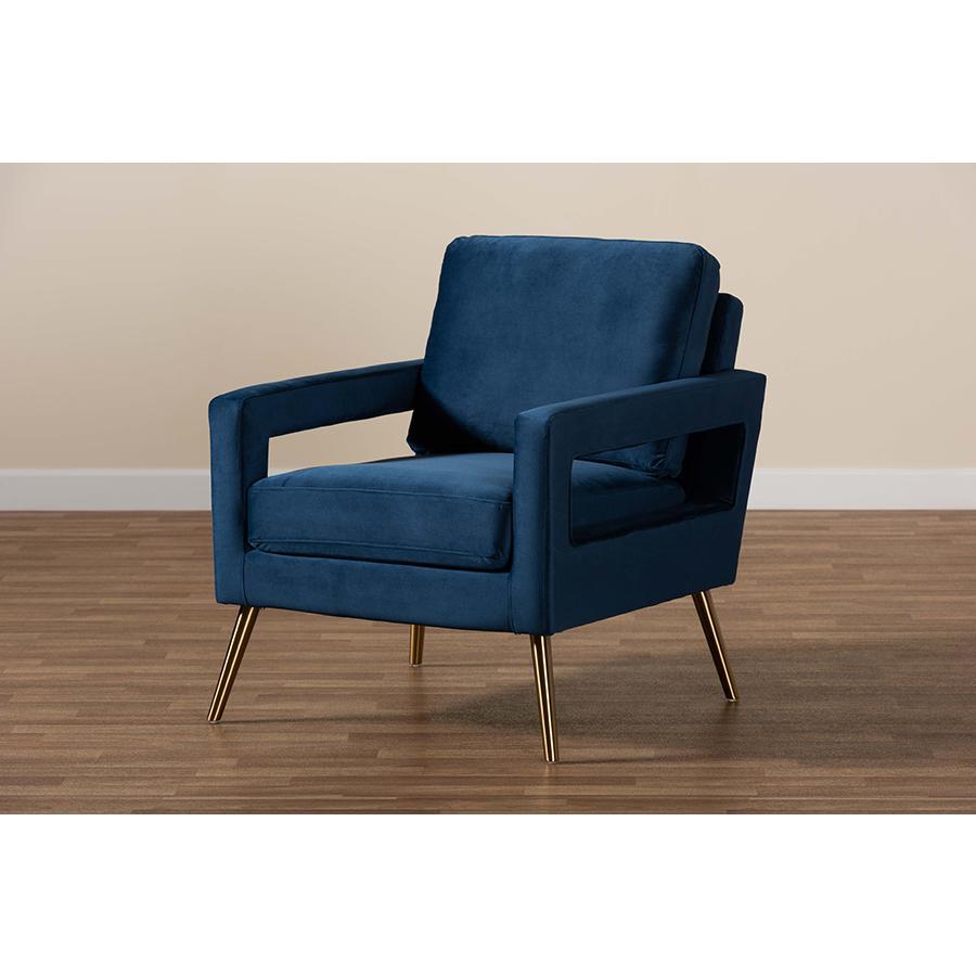 Baxton Studio Leland Glam And Luxe Navy Blue Velvet Fabric Upholstered And Gold Finished Armchair  - TSF-6729-Navy Blue/Gold-CC