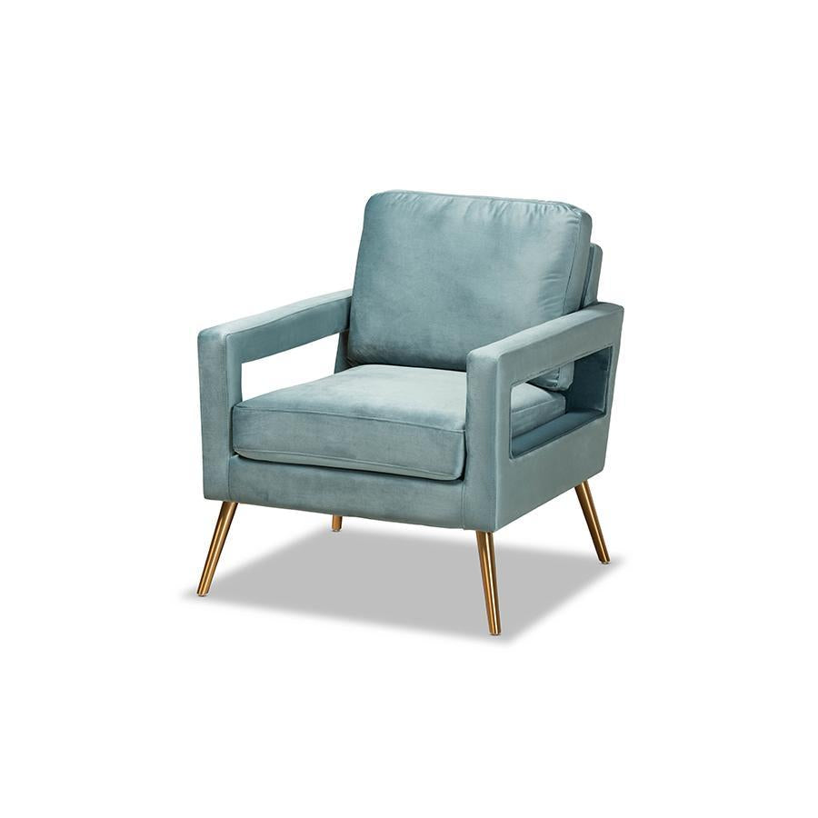 Baxton Studio Leland Glam And Luxe Light Blue Velvet Fabric Upholstered And Gold Finished Armchair  - TSF-6729-Light Blue/Gold-CC