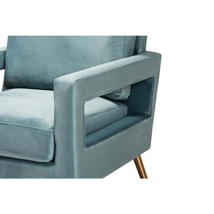 Baxton Studio Leland Glam And Luxe Light Blue Velvet Fabric Upholstered And Gold Finished Armchair  - TSF-6729-Light Blue/Gold-CC