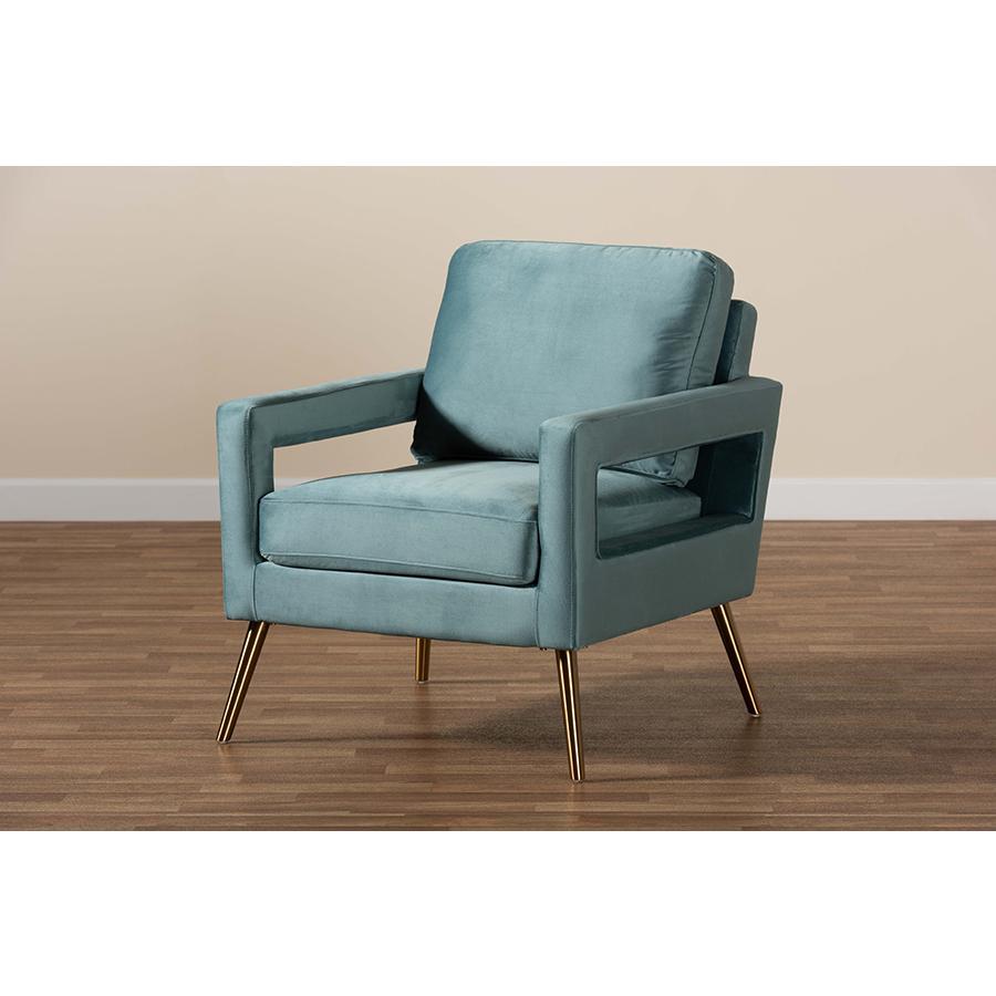 Baxton Studio Leland Glam And Luxe Light Blue Velvet Fabric Upholstered And Gold Finished Armchair  - TSF-6729-Light Blue/Gold-CC