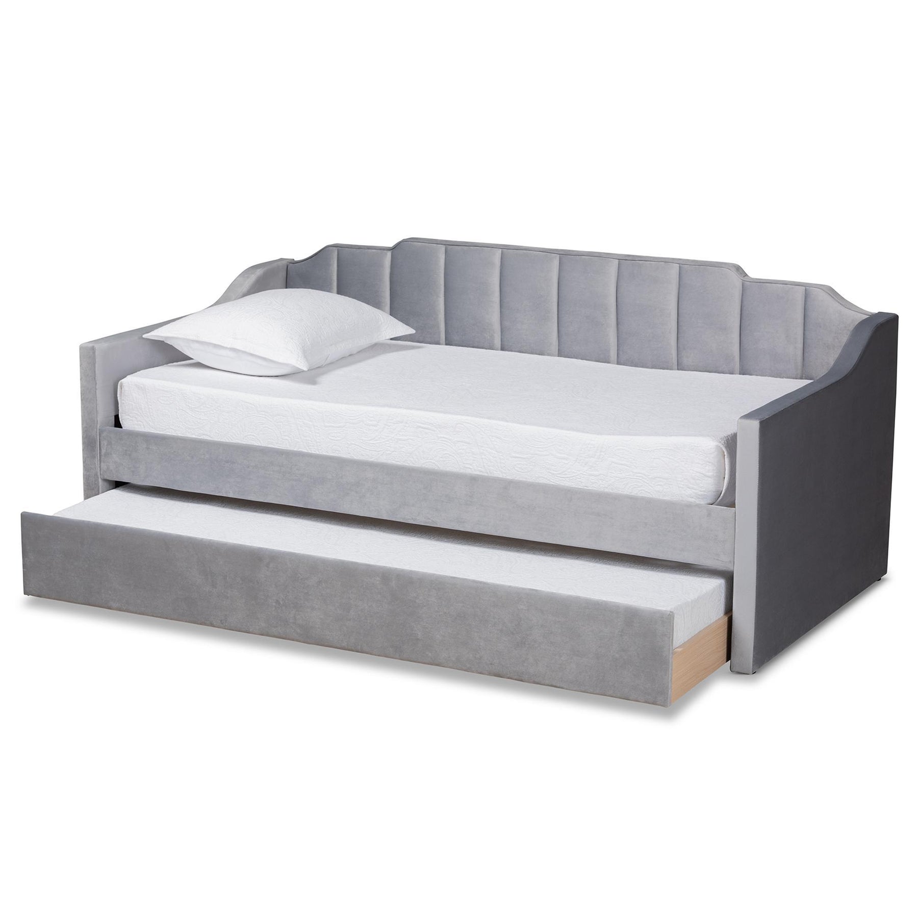 Baxton Studio Lennon Modern And Contemporary Grey Velvet Fabric Upholstered Twin Size Daybed With Trundle - CF9172-Silver Grey Velvet-Daybed-T/T