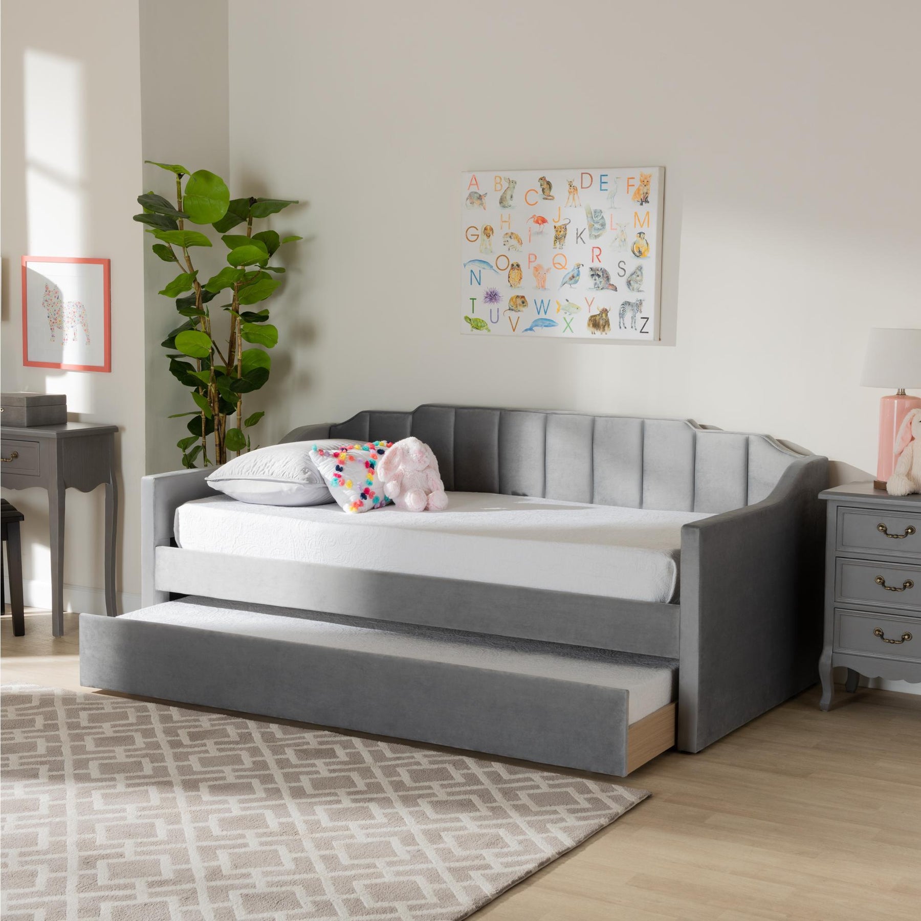 Baxton Studio Lennon Modern And Contemporary Grey Velvet Fabric Upholstered Twin Size Daybed With Trundle - CF9172-Silver Grey Velvet-Daybed-T/T