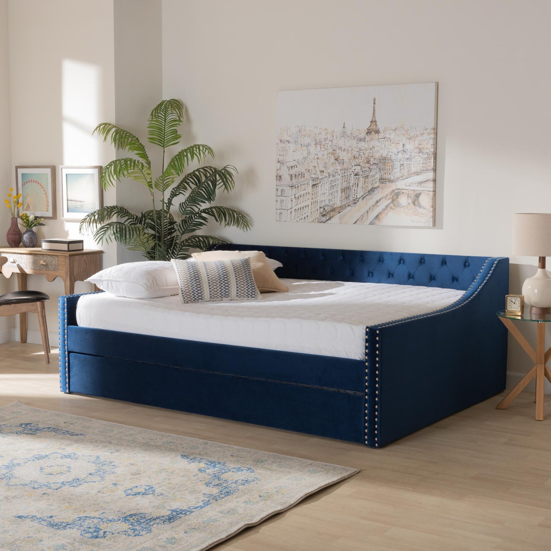 Baxton Studio Raphael Modern And Contemporary Navy Blue Velvet Fabric Upholstered Full Size Daybed With Trundle - CF9228 -Navy Blue Velvet-Daybed-F/T