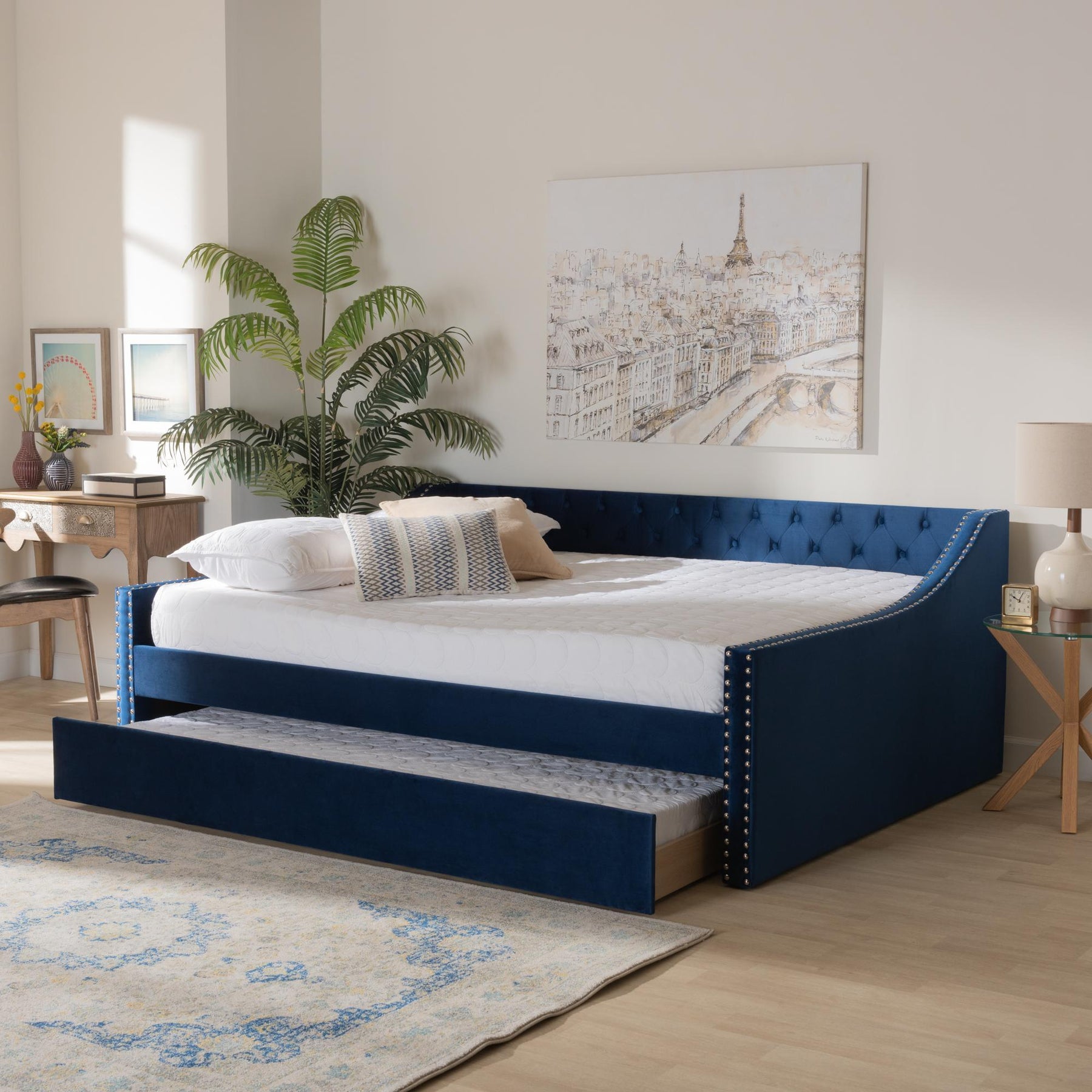 Baxton Studio Raphael Modern And Contemporary Navy Blue Velvet Fabric Upholstered Full Size Daybed With Trundle - CF9228 -Navy Blue Velvet-Daybed-F/T