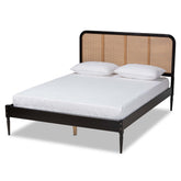 Baxton Studio Elston Mid-Century Modern Charcoal Finished Wood And Synthetic Rattan Queen Size Platform Bed - MG0056-Walnut Rattan/Black-Queen