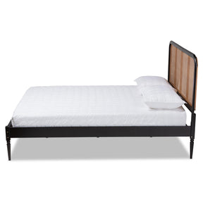 Baxton Studio Elston Mid-Century Modern Charcoal Finished Wood And Synthetic Rattan Queen Size Platform Bed - MG0056-Walnut Rattan/Black-Queen