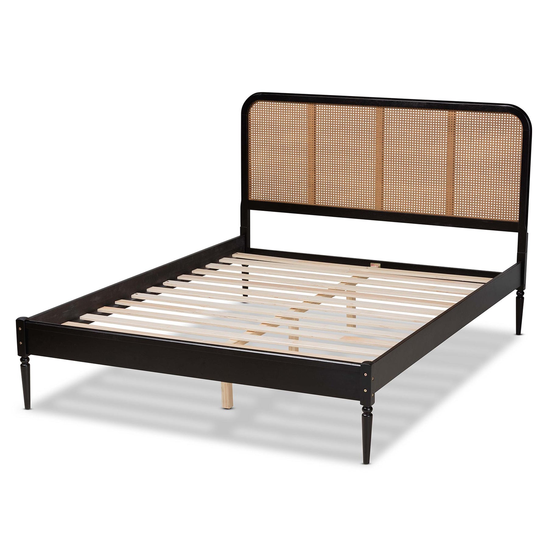 Baxton Studio Elston Mid-Century Modern Charcoal Finished Wood And Synthetic Rattan Queen Size Platform Bed - MG0056-Walnut Rattan/Black-Queen