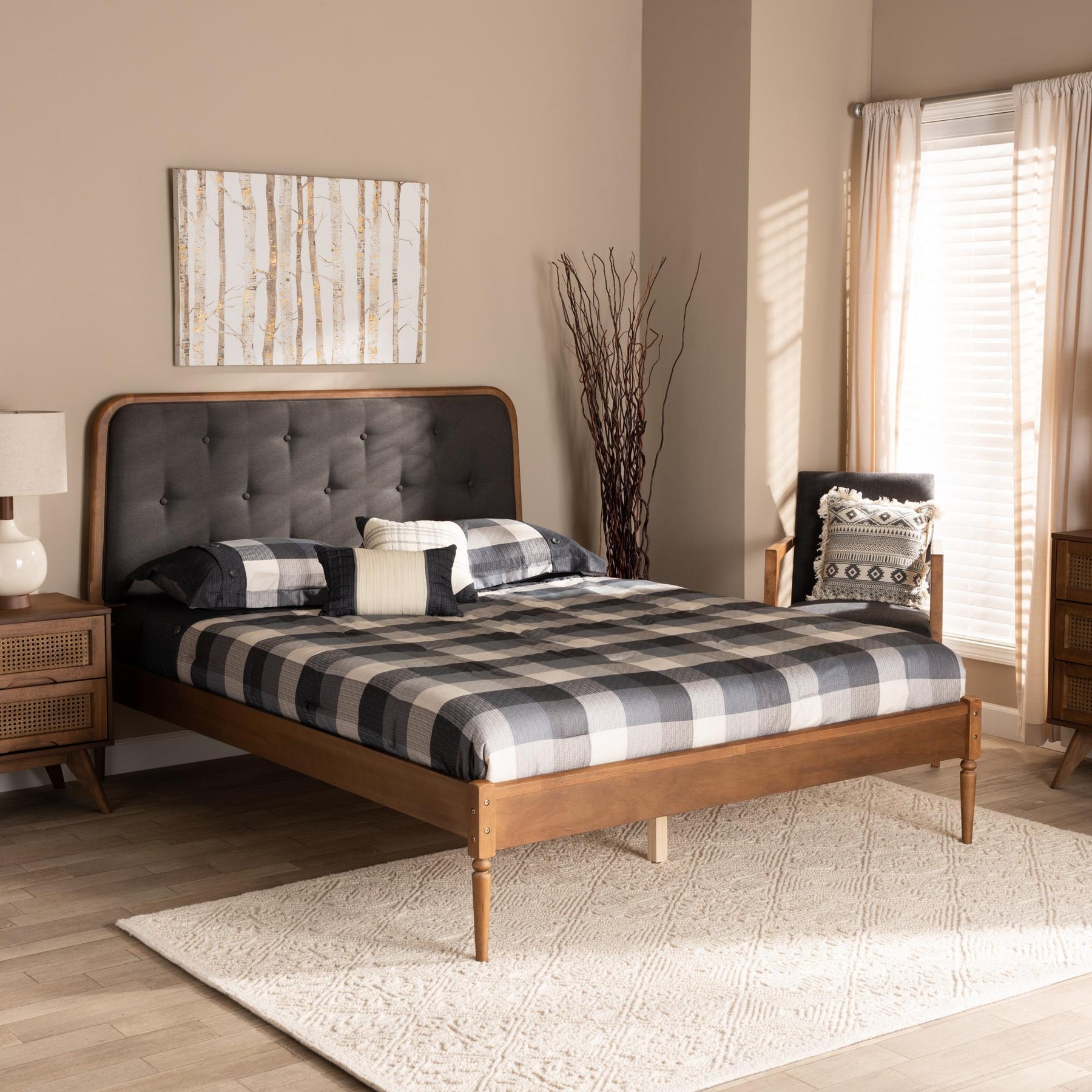 Baxton Studio Diantha Classic And Traditional Dark Grey Fabric Upholstered And Walnut Brown Finished Wood Queen Size Platform Bed - MG0061-Dark Grey/Walnut-Queen