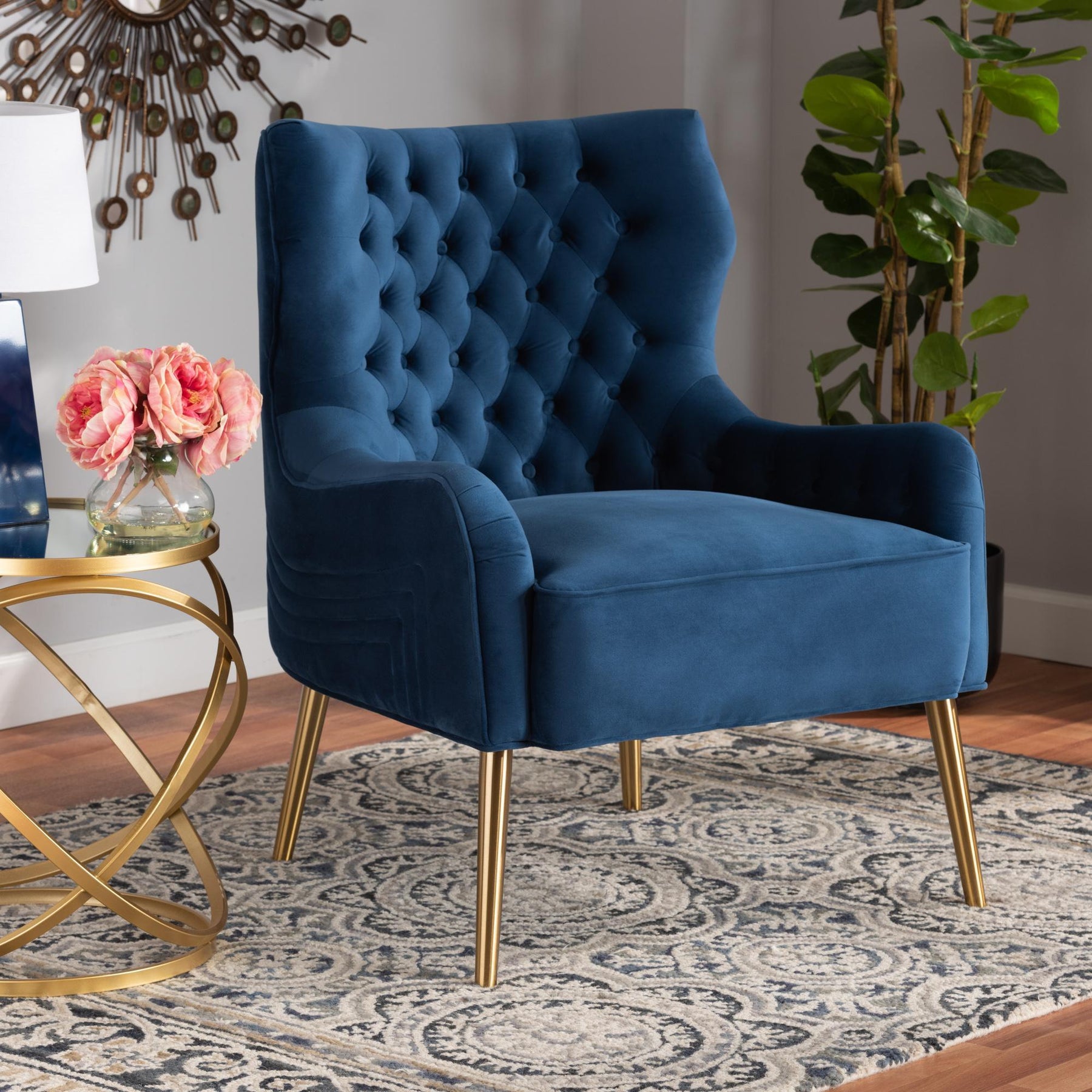 Baxton Studio Nelson Modern Luxe And Glam Navy Blue Velvet Fabric Upholstered And Gold Finished Metal Armchair  - TSF-6741-Navy Blue Velvet/Gold-CC