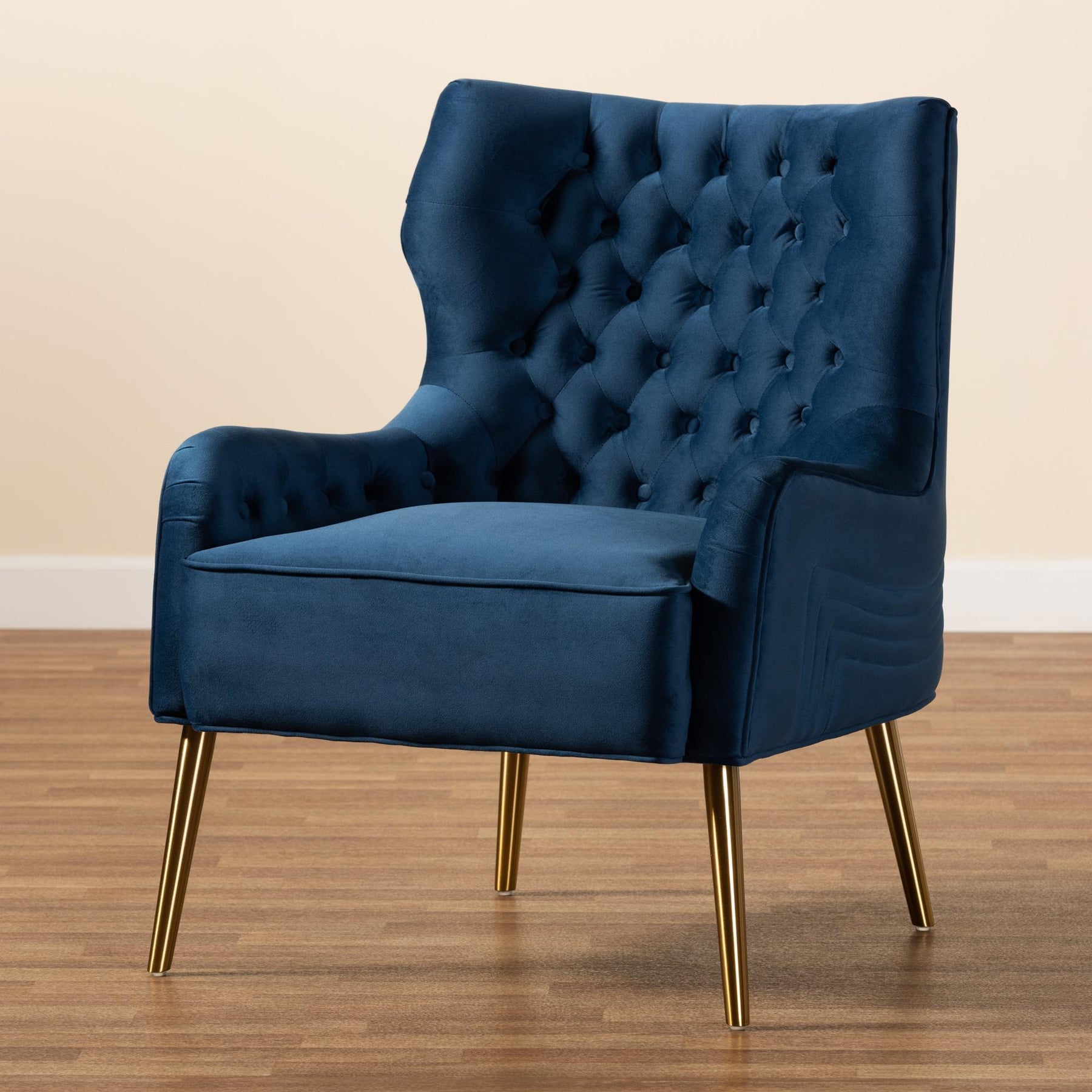 Baxton Studio Nelson Modern Luxe And Glam Navy Blue Velvet Fabric Upholstered And Gold Finished Metal Armchair  - TSF-6741-Navy Blue Velvet/Gold-CC