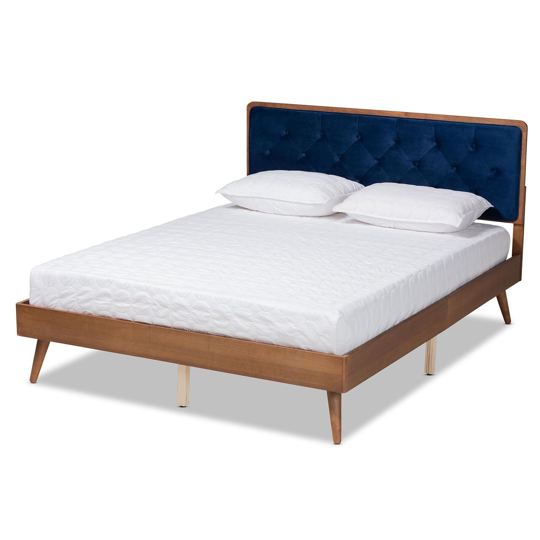 Baxton Studio Larue Modern And Contemporary Navy Blue Velvet Fabric Upholstered And Walnut Brown Finished Wood Queen Size Platform Bed - MG0020-1S-Navy Velvet/Walnut-Queen