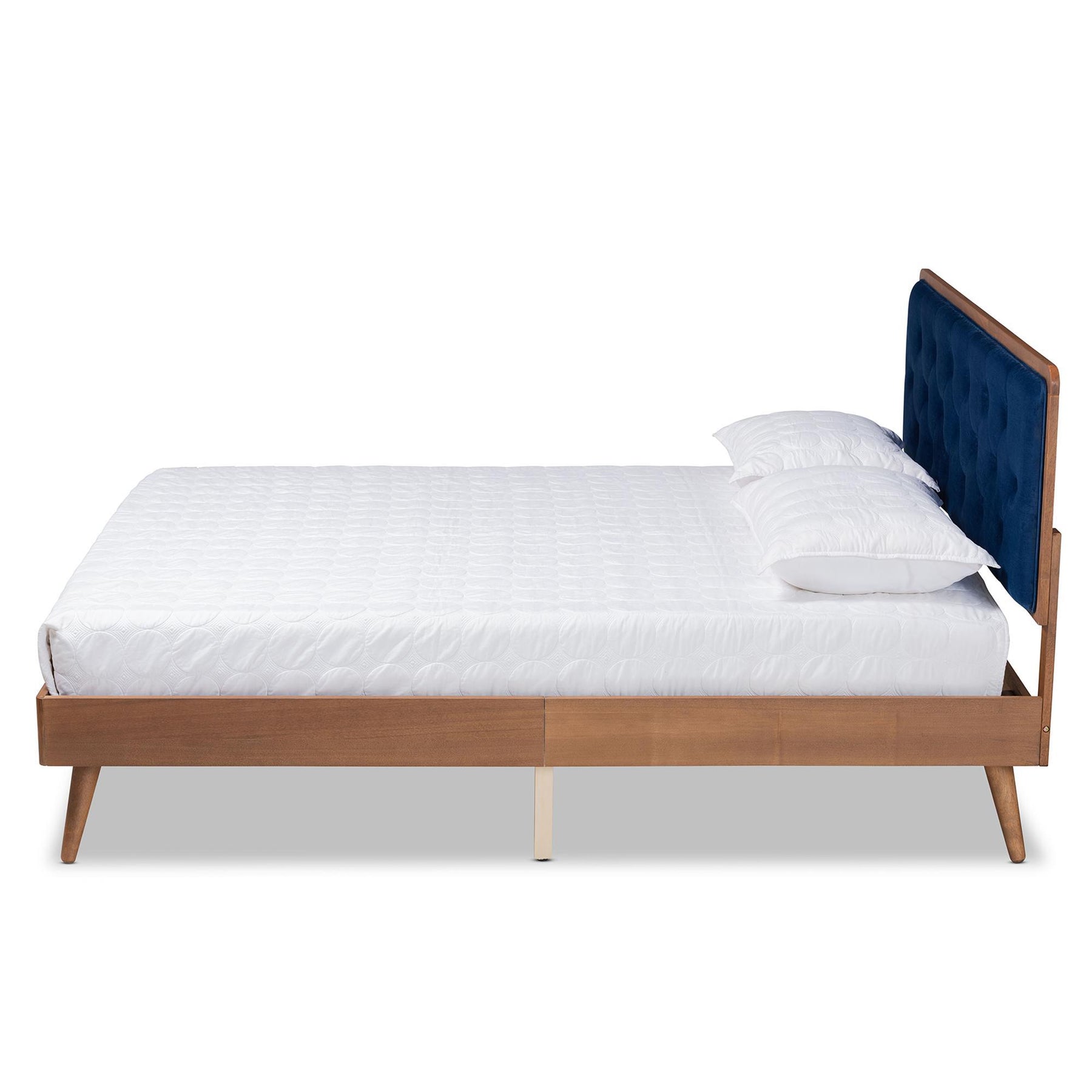 Baxton Studio Larue Modern And Contemporary Navy Blue Velvet Fabric Upholstered And Walnut Brown Finished Wood Queen Size Platform Bed - MG0020-1S-Navy Velvet/Walnut-Queen