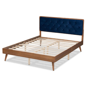 Baxton Studio Larue Modern And Contemporary Navy Blue Velvet Fabric Upholstered And Walnut Brown Finished Wood Queen Size Platform Bed - MG0020-1S-Navy Velvet/Walnut-Queen