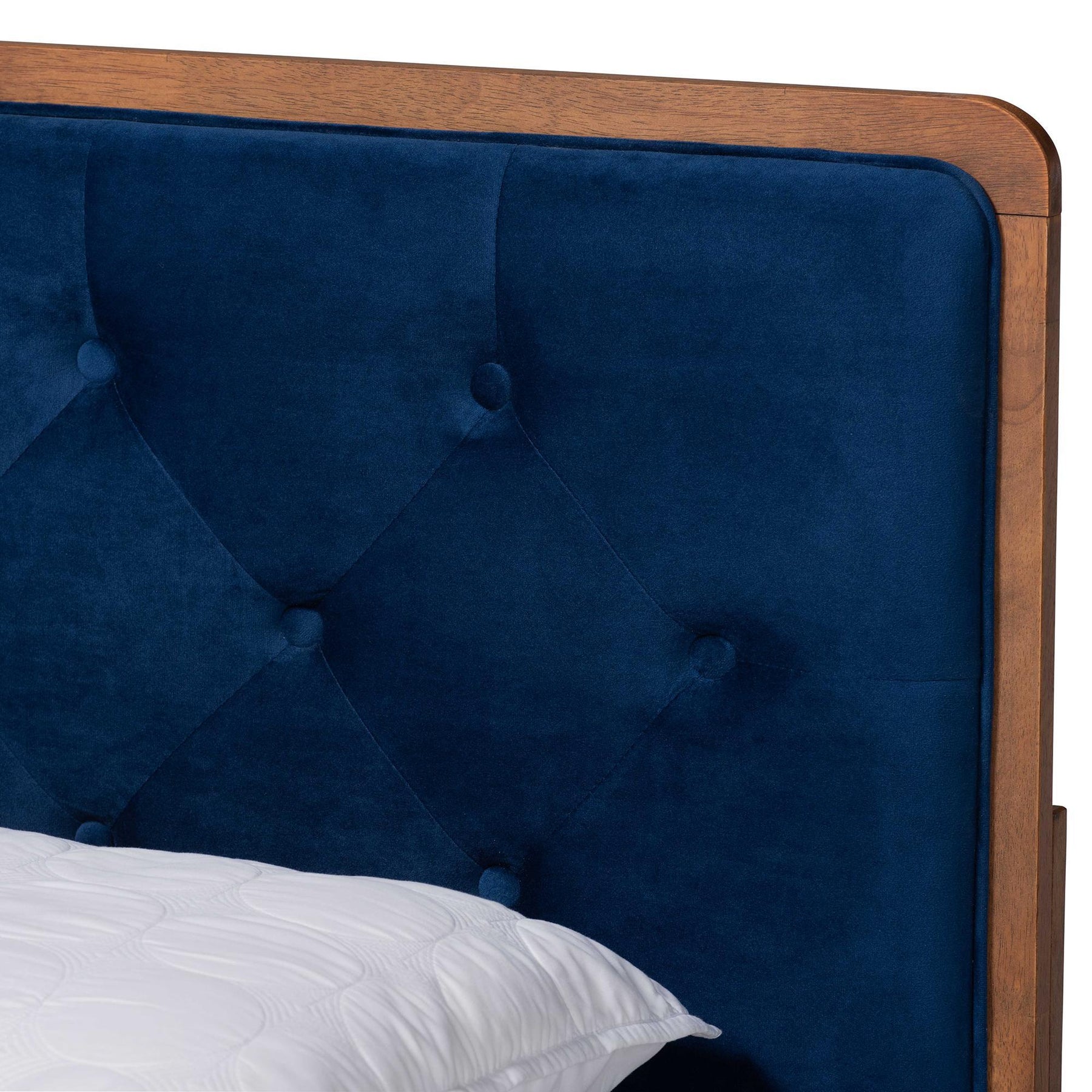 Baxton Studio Larue Modern And Contemporary Navy Blue Velvet Fabric Upholstered And Walnut Brown Finished Wood Queen Size Platform Bed - MG0020-1S-Navy Velvet/Walnut-Queen