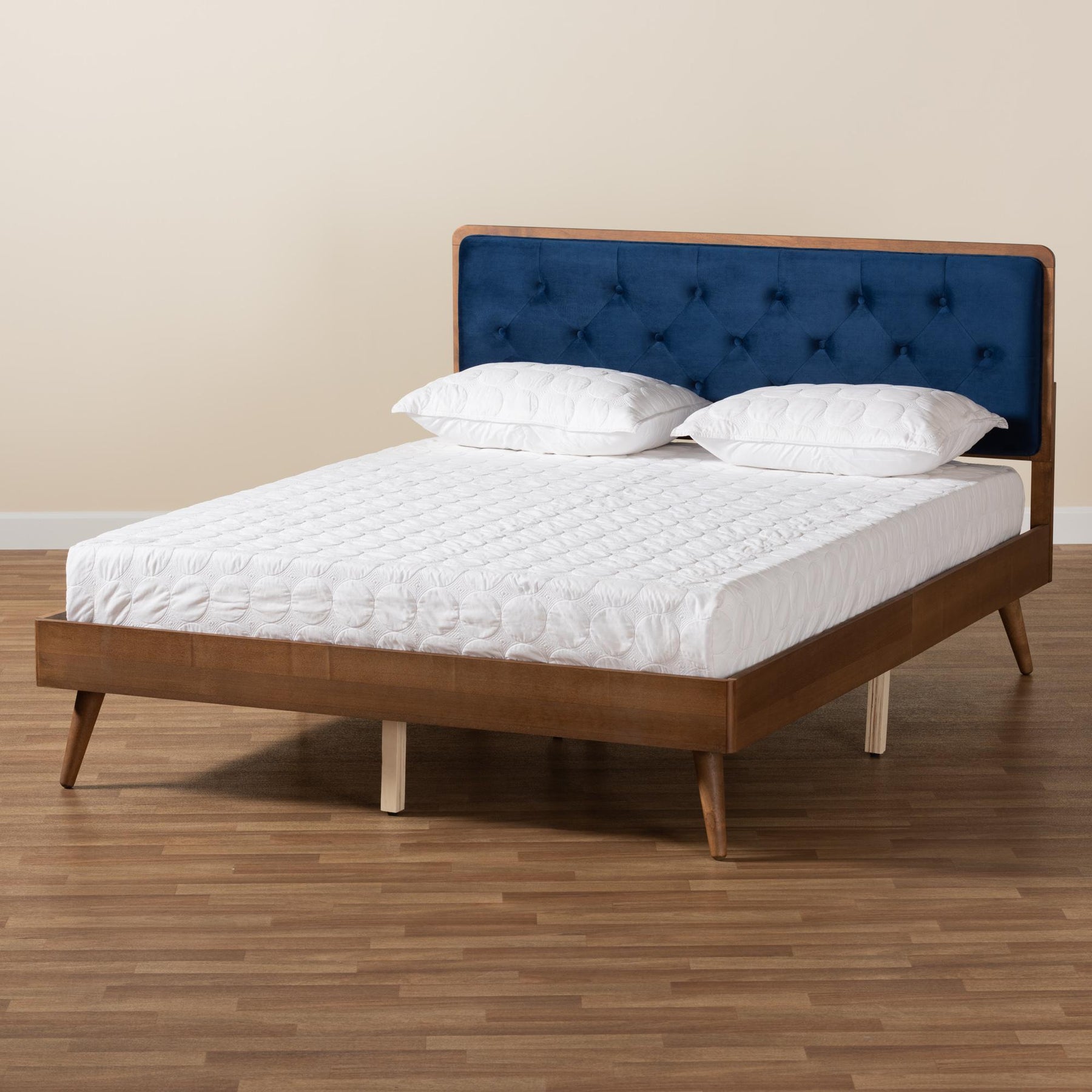 Baxton Studio Larue Modern And Contemporary Navy Blue Velvet Fabric Upholstered And Walnut Brown Finished Wood Queen Size Platform Bed - MG0020-1S-Navy Velvet/Walnut-Queen