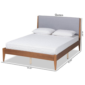 Baxton Studio Lenora Mid-Century Modern Grey Fabric Upholstered And Walnut Brown Finished Wood Queen Size Platform Bed - MG0077S-Light Grey/Walnut-Queen