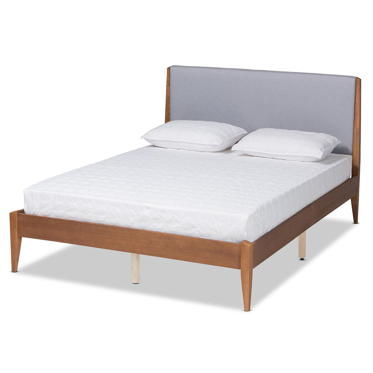 Baxton Studio Lenora Mid-Century Modern Grey Fabric Upholstered And Walnut Brown Finished Wood Queen Size Platform Bed - MG0077S-Light Grey/Walnut-Queen