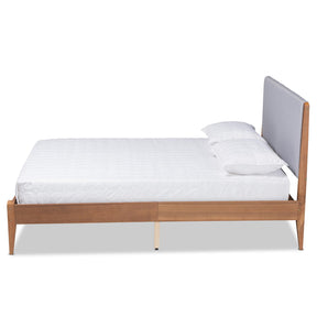 Baxton Studio Lenora Mid-Century Modern Grey Fabric Upholstered And Walnut Brown Finished Wood Queen Size Platform Bed - MG0077S-Light Grey/Walnut-Queen