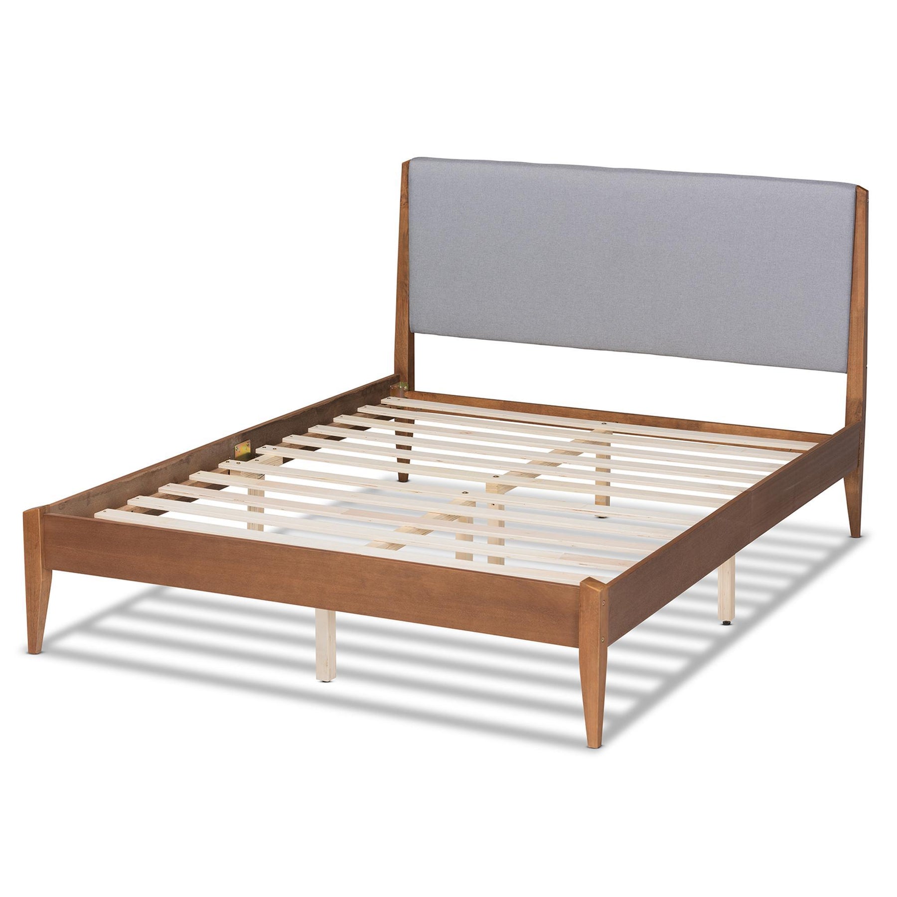 Baxton Studio Lenora Mid-Century Modern Grey Fabric Upholstered And Walnut Brown Finished Wood Queen Size Platform Bed - MG0077S-Light Grey/Walnut-Queen