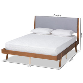 Baxton Studio Senna Mid-Century Modern Grey Fabric Upholstered And Walnut Brown Finished Wood Queen Size Platform Bed - MG0008S-Light Grey/Walnut-Queen