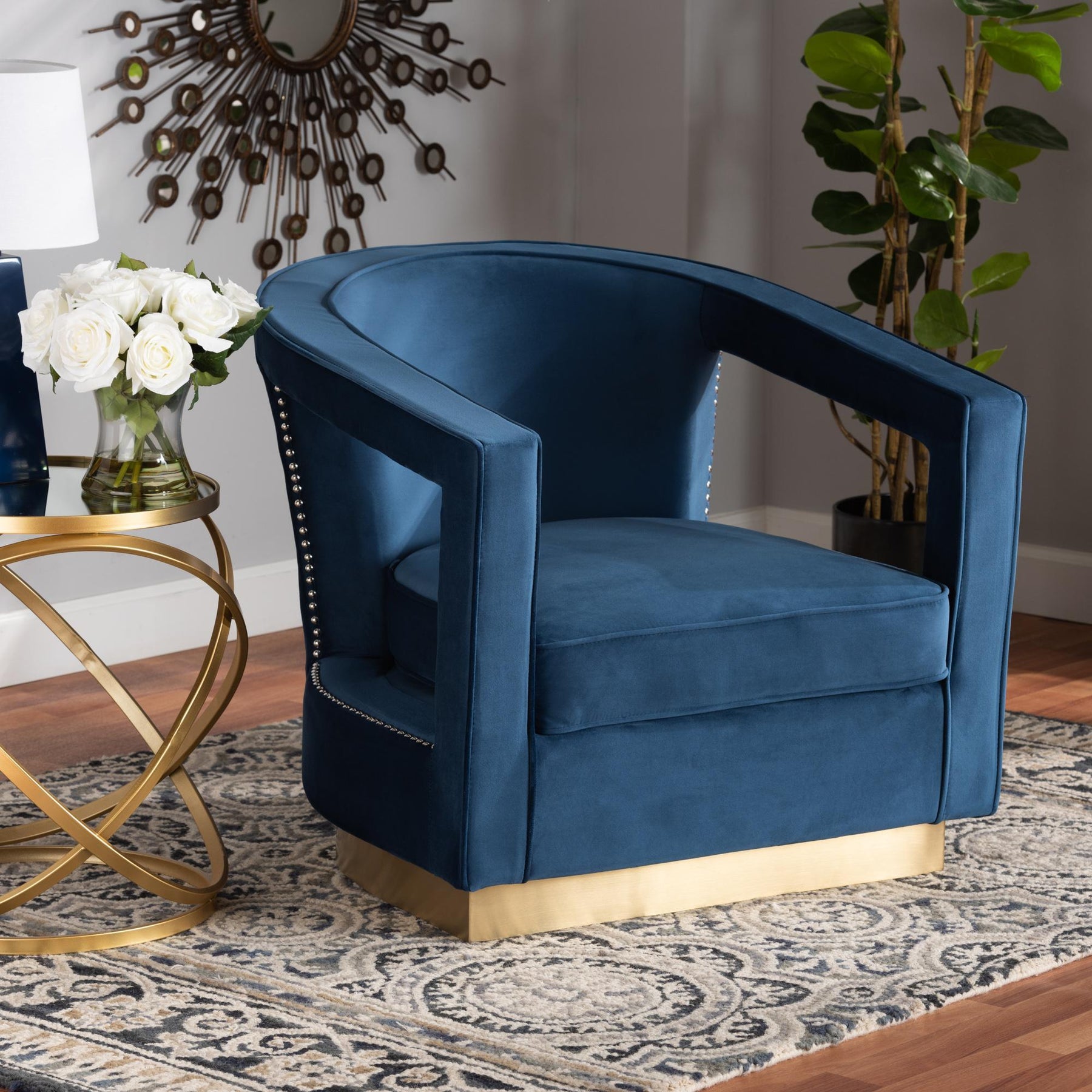 Baxton Studio Neville Modern Luxe And Glam Navy Blue Velvet Fabric Upholstered And Gold Finished Metal Armchair - TSF-6743-Navy Velvet/Gold-CC