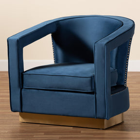 Baxton Studio Neville Modern Luxe And Glam Navy Blue Velvet Fabric Upholstered And Gold Finished Metal Armchair - TSF-6743-Navy Velvet/Gold-CC