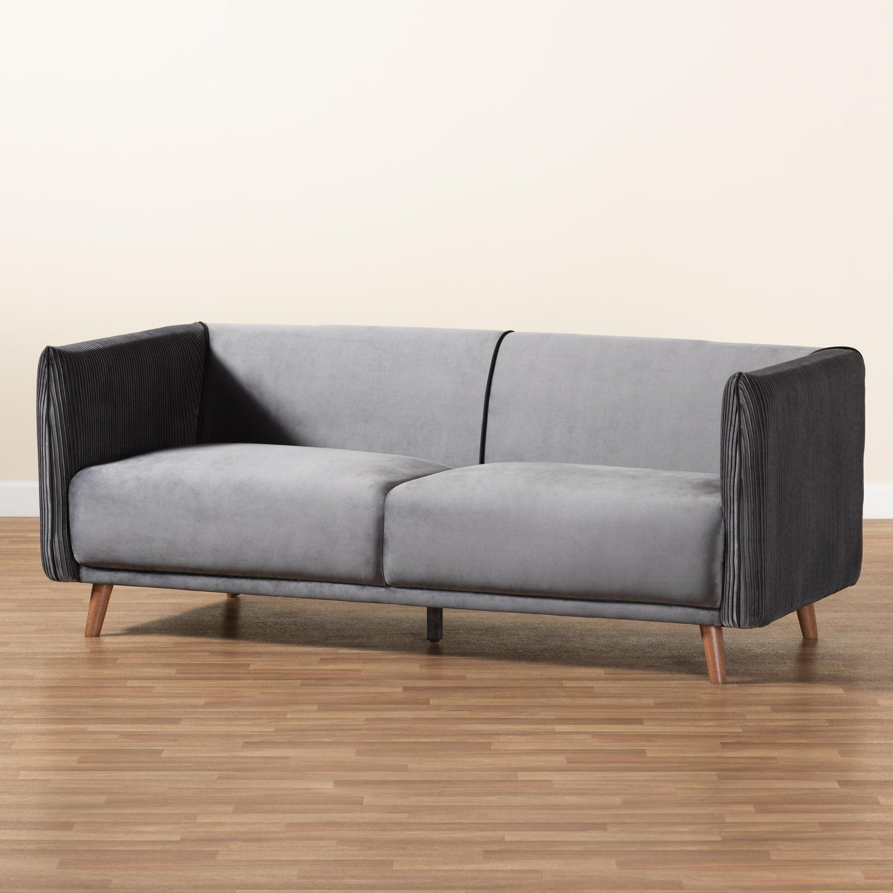 Baxton Studio Beacher Modern And Contemporary Grey Velvet Fabric Upholstered And Walnut Brown Finished Wood Sofa - RDS-S0020-3S-Grey Velvet/Walnut-SF