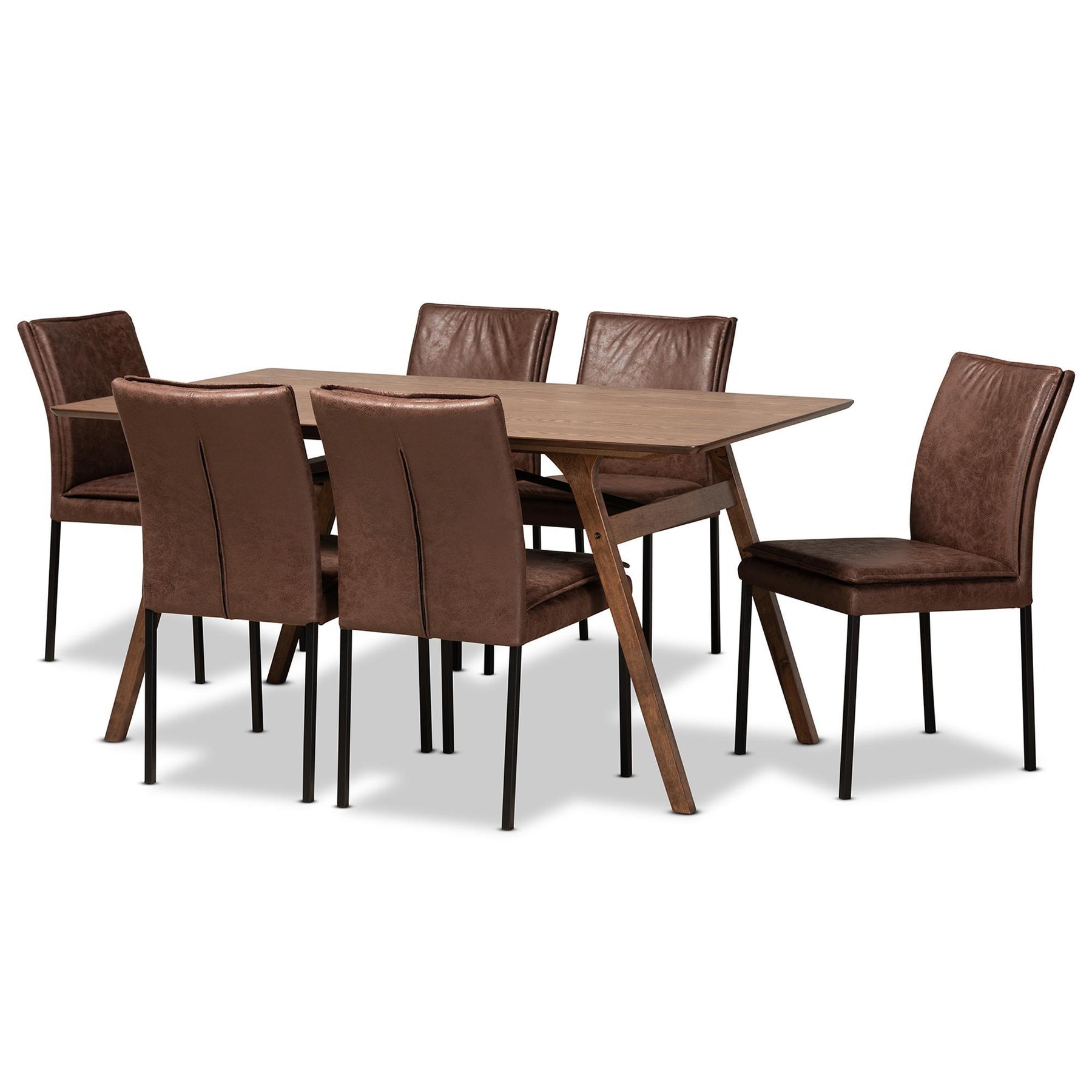 Baxton Studio Gerard Modern And Contemporary Distressed Brown Fabric Upholstered And Black Finished Metal With Walnut Brown Finished Wood 7-Piece Dining Set - RDC720M-Brown/Black-7PC Dining Set