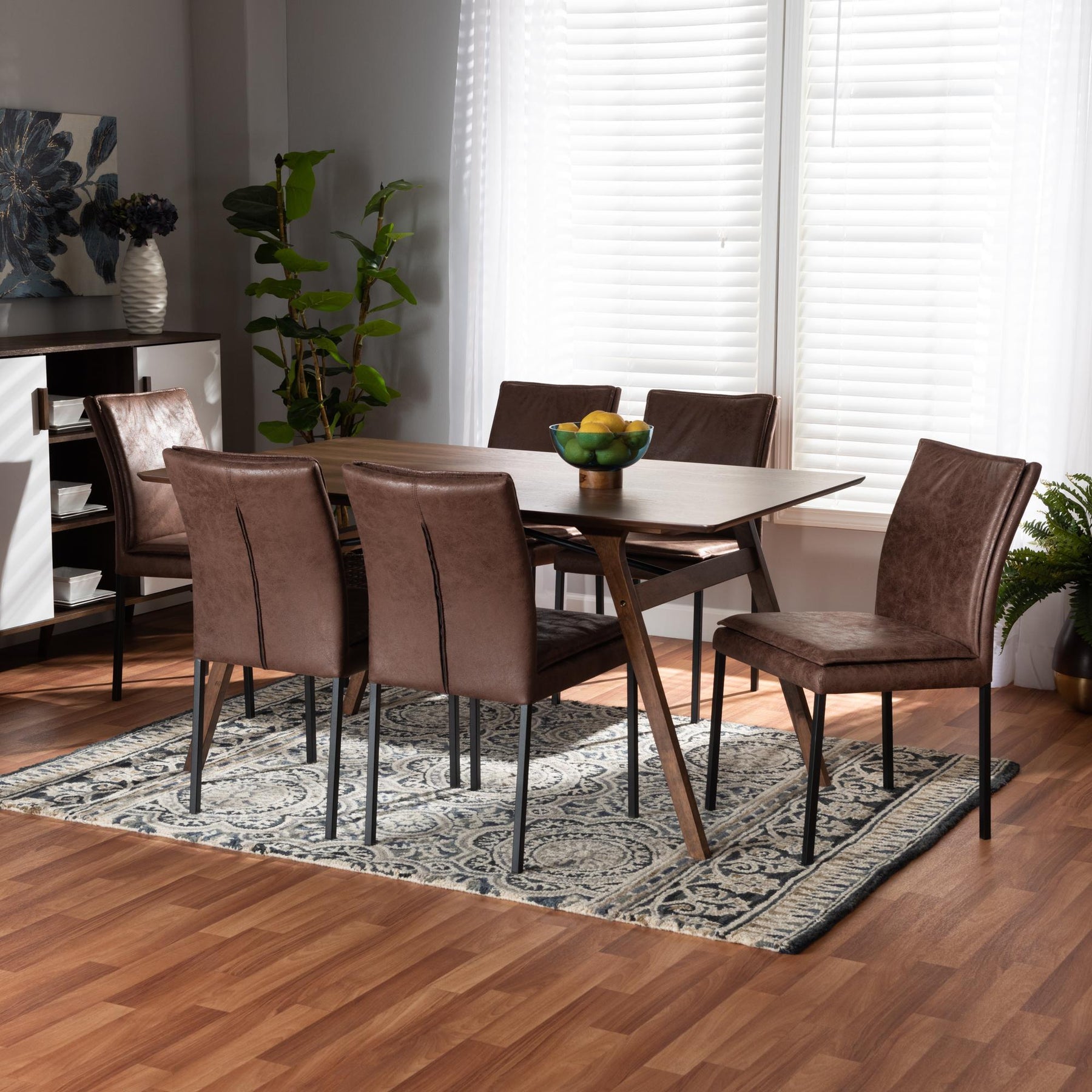 Baxton Studio Gerard Modern And Contemporary Distressed Brown Fabric Upholstered And Black Finished Metal With Walnut Brown Finished Wood 7-Piece Dining Set - RDC720M-Brown/Black-7PC Dining Set