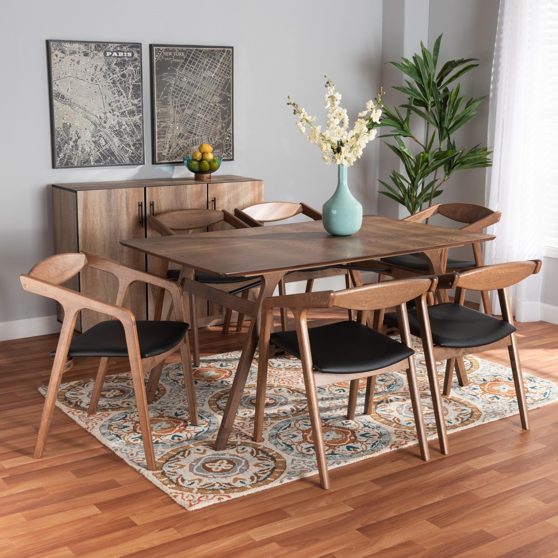 Baxton Studio Harland Mid-Century Modern Black Faux Leather Upholstered And Walnut Brown Finished Wood 7-Piece Dining Set - RDC809B-AC-Black/Walnut-7PC Dining Set